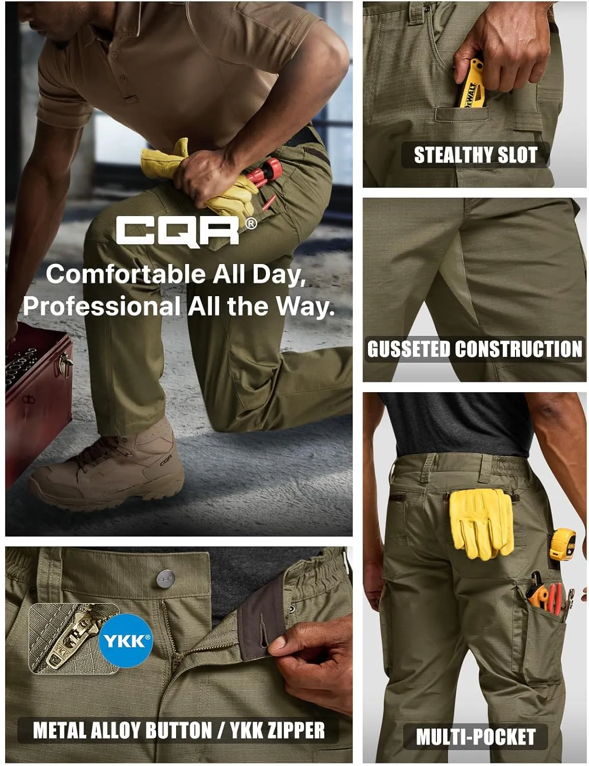 CQR Men's Quick Dry Work Pants, Water Resistant Outdoor Tactical Pants, Lightweight Stretch Cargo Hiking Pants