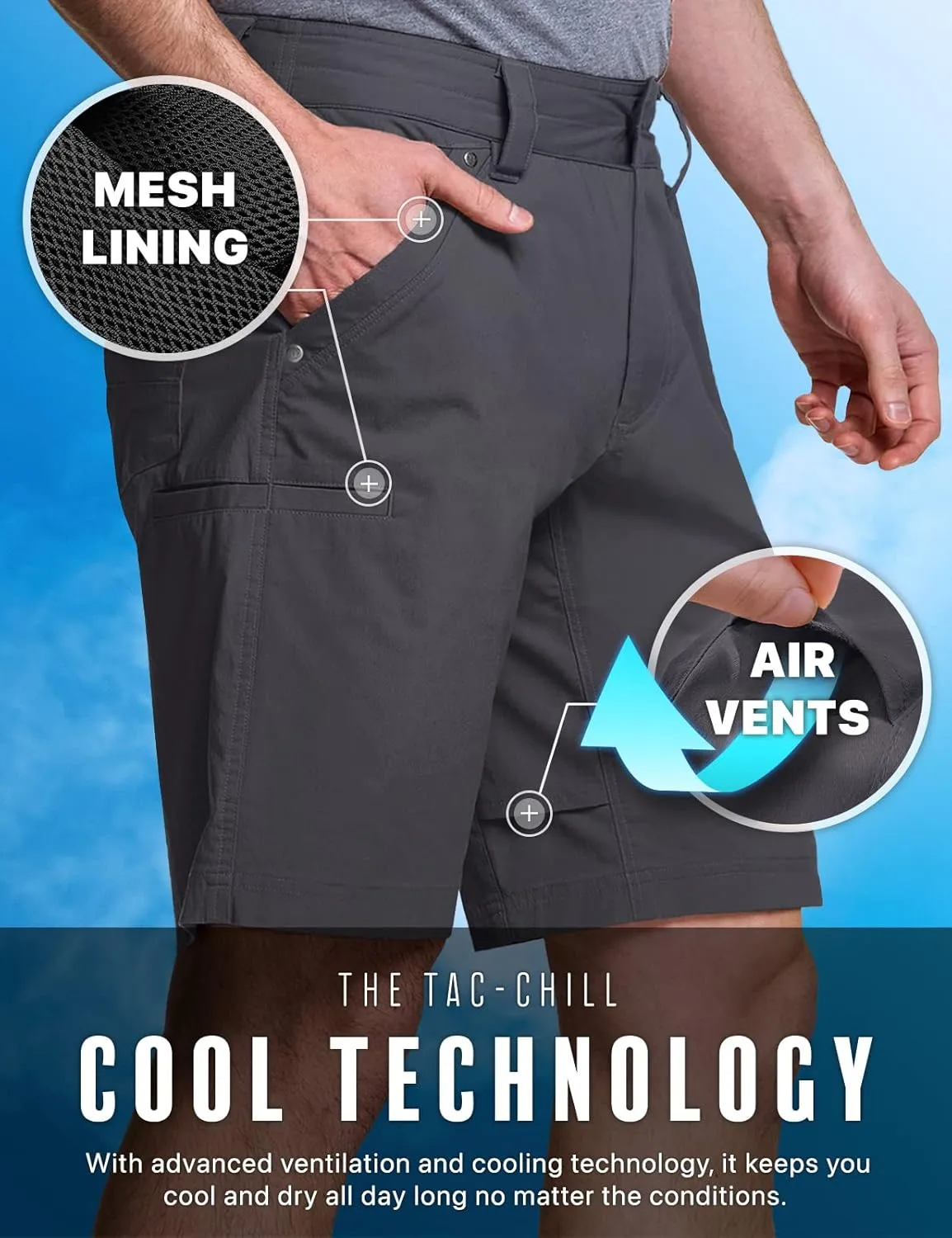 CQR Men's Stretch Utility Shorts, Lightweight Quick Dry Casual Shorts, Hiking Golf Cargo Shorts with Zipper Pockets