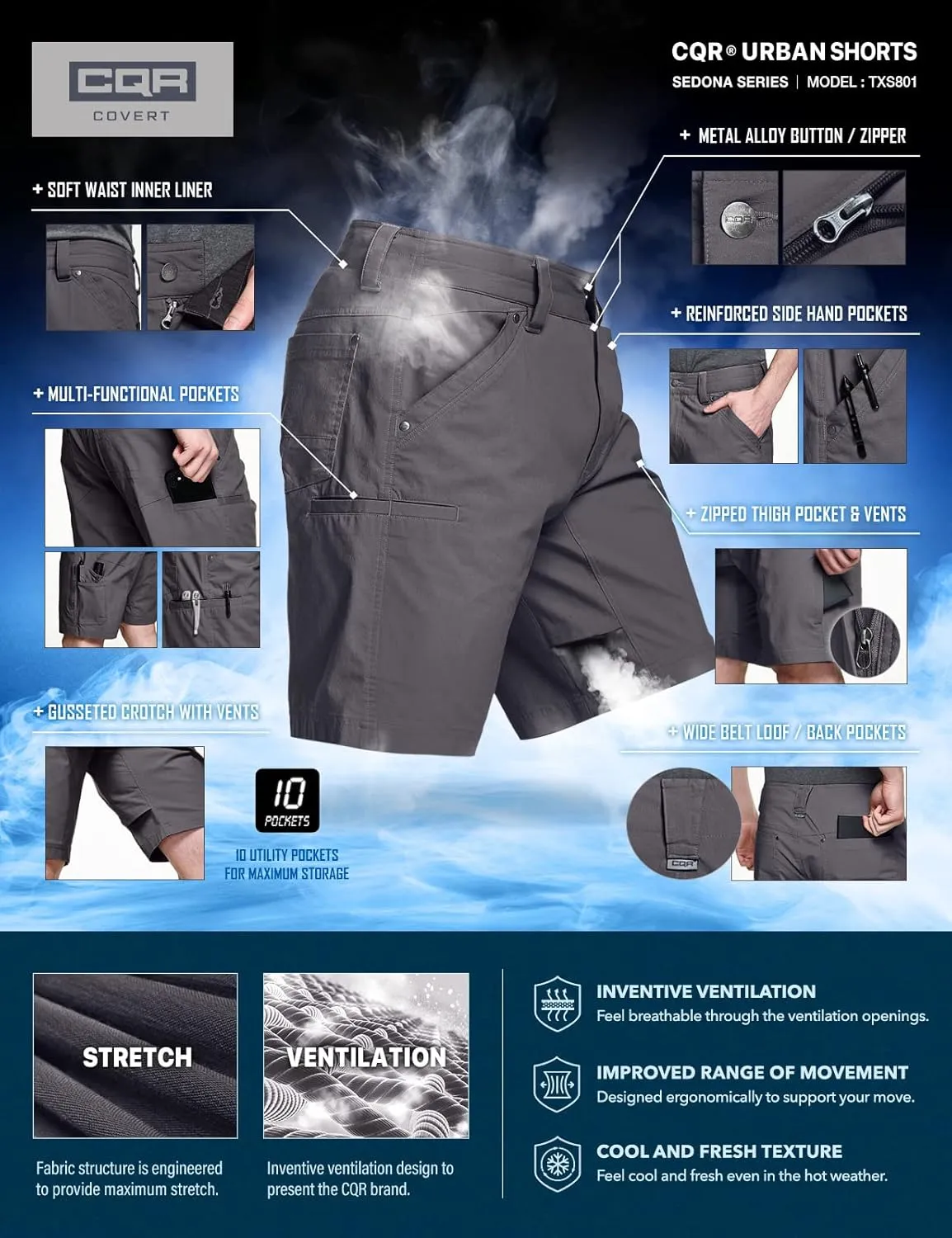 CQR Men's Stretch Utility Shorts, Lightweight Quick Dry Casual Shorts, Hiking Golf Cargo Shorts with Zipper Pockets
