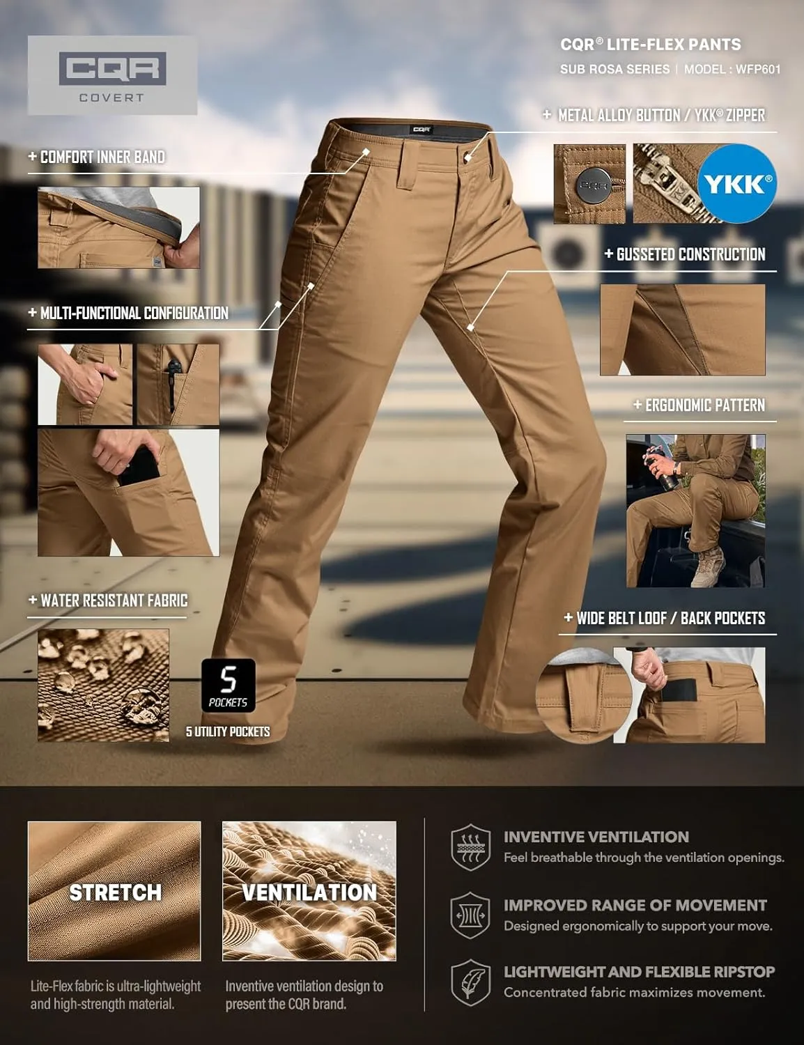 CQR Women's Flex Stretch Tactical Pants, Outdoor Hiking Pants with Pockets, Water Resistant Ripstop Work Pants