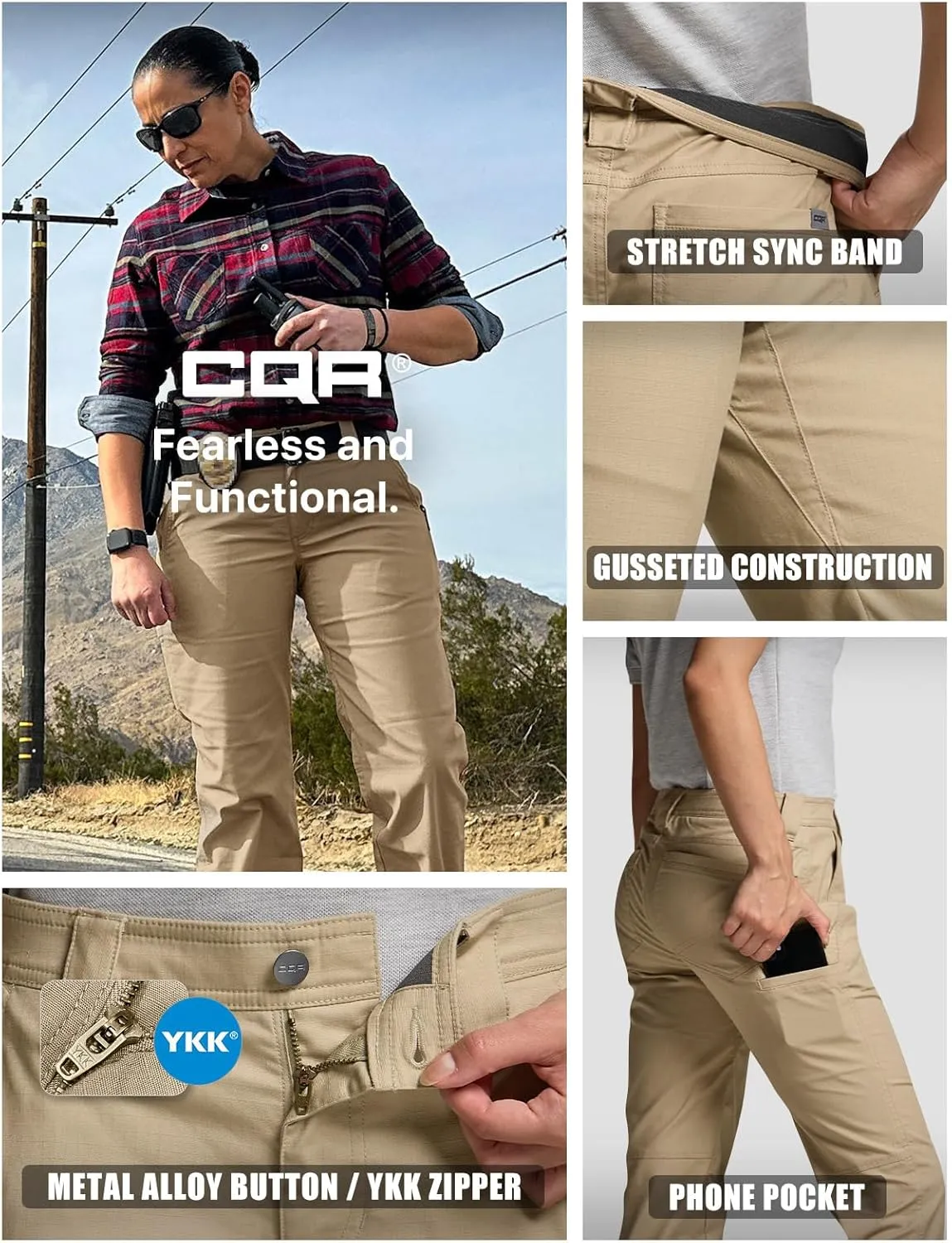 CQR Women's Flex Stretch Tactical Pants, Outdoor Hiking Pants with Pockets, Water Resistant Ripstop Work Pants