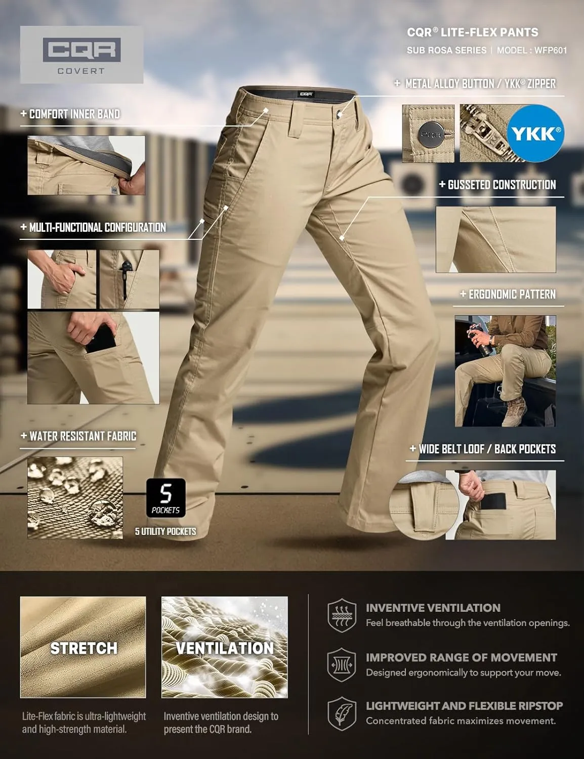 CQR Women's Flex Stretch Tactical Pants, Outdoor Hiking Pants with Pockets, Water Resistant Ripstop Work Pants