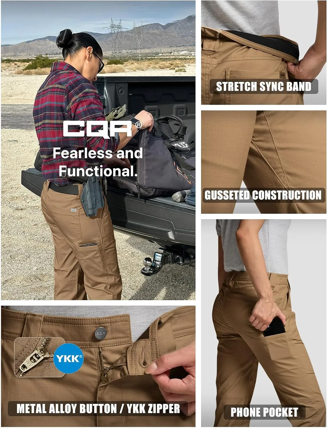 CQR Women's Flex Stretch Tactical Pants, Outdoor Hiking Pants with Pockets, Water Resistant Ripstop Work Pants