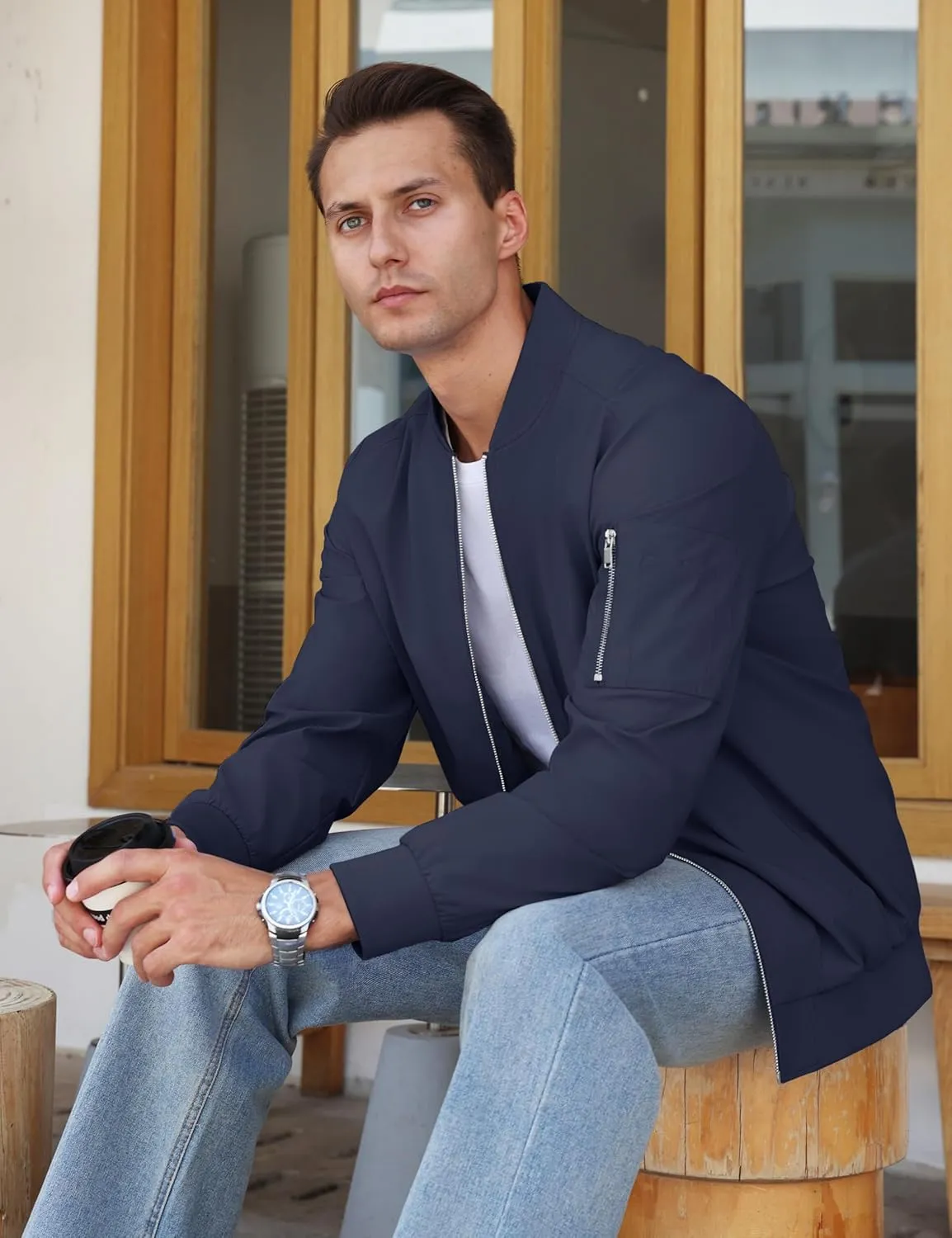 CRYSULLY Men's Bomber Jacket Lightweight Spring Fall Casual Windbreaker Full Zip Outwear Coat