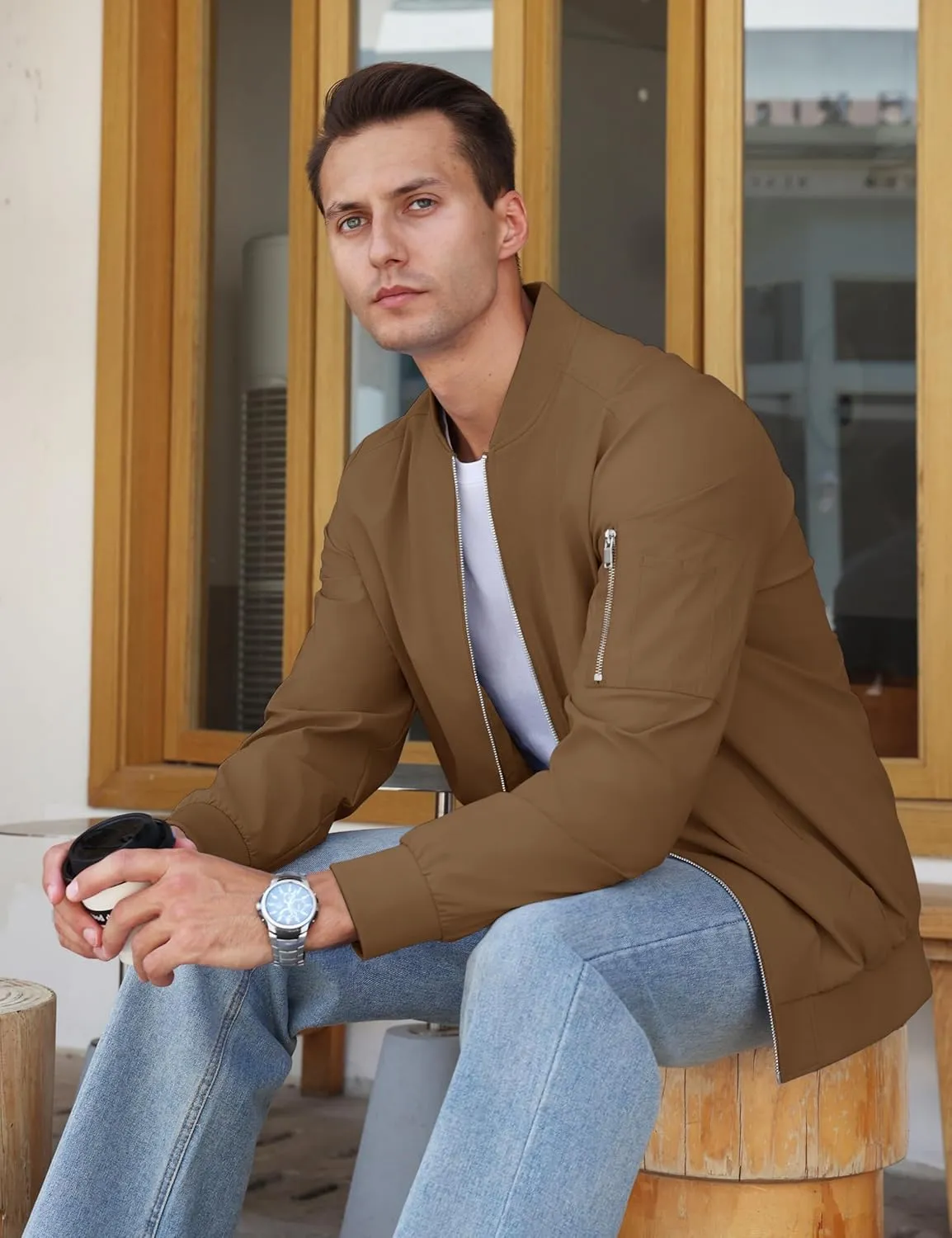 CRYSULLY Men's Bomber Jacket Lightweight Spring Fall Casual Windbreaker Full Zip Outwear Coat