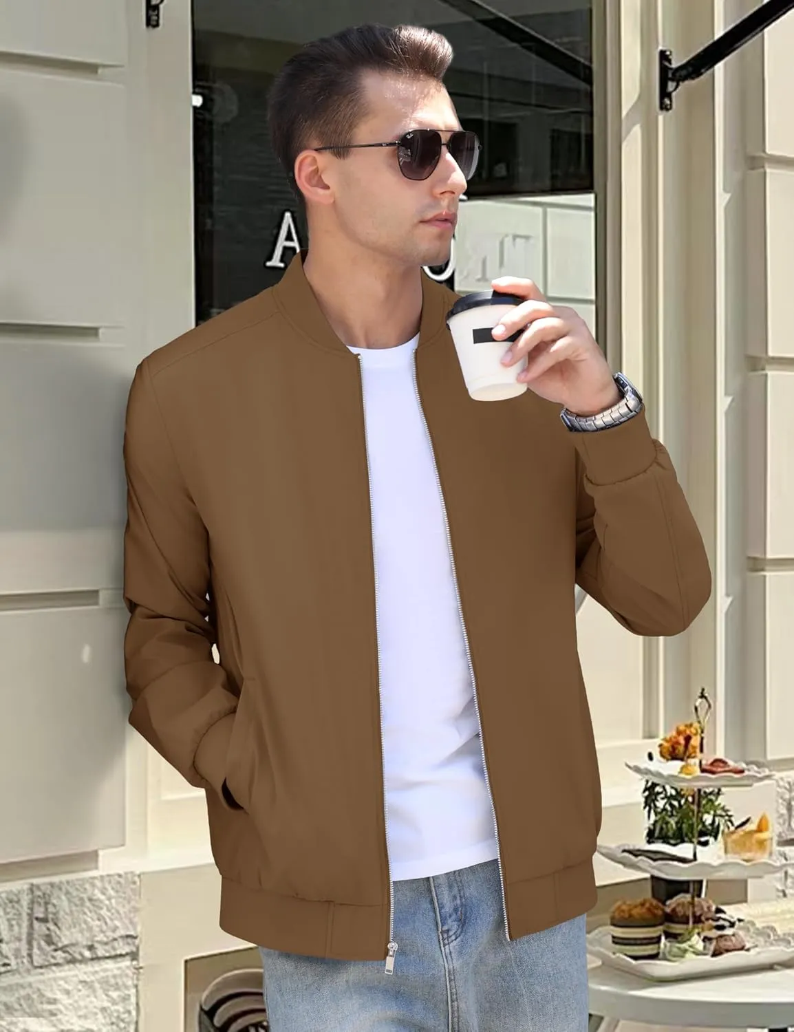 CRYSULLY Men's Bomber Jacket Lightweight Spring Fall Casual Windbreaker Full Zip Outwear Coat