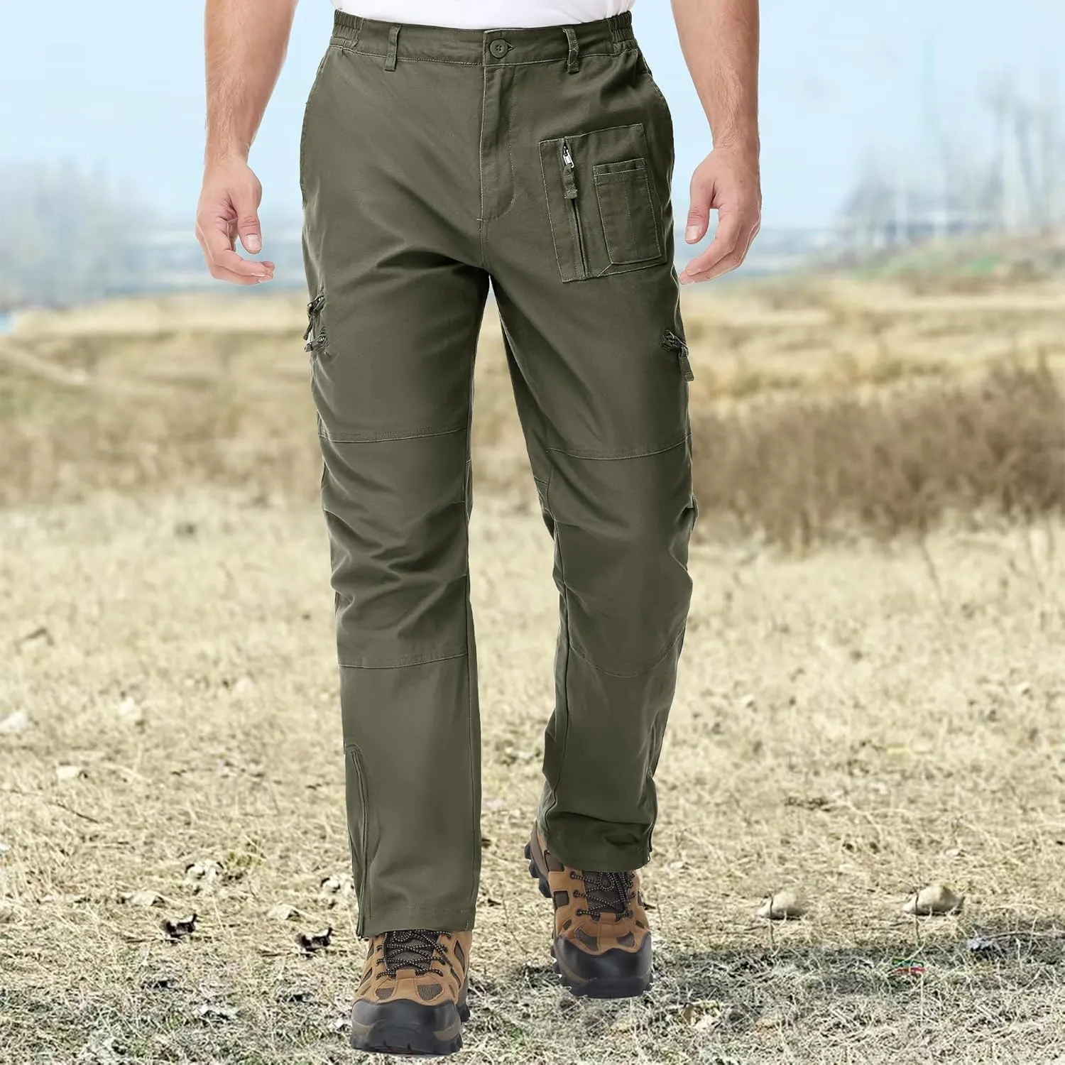 CRYSULLY Men's Tactical Pants Military Work Pants for Men Ripstop 9 Pockets Construction Trousers (No Belt)