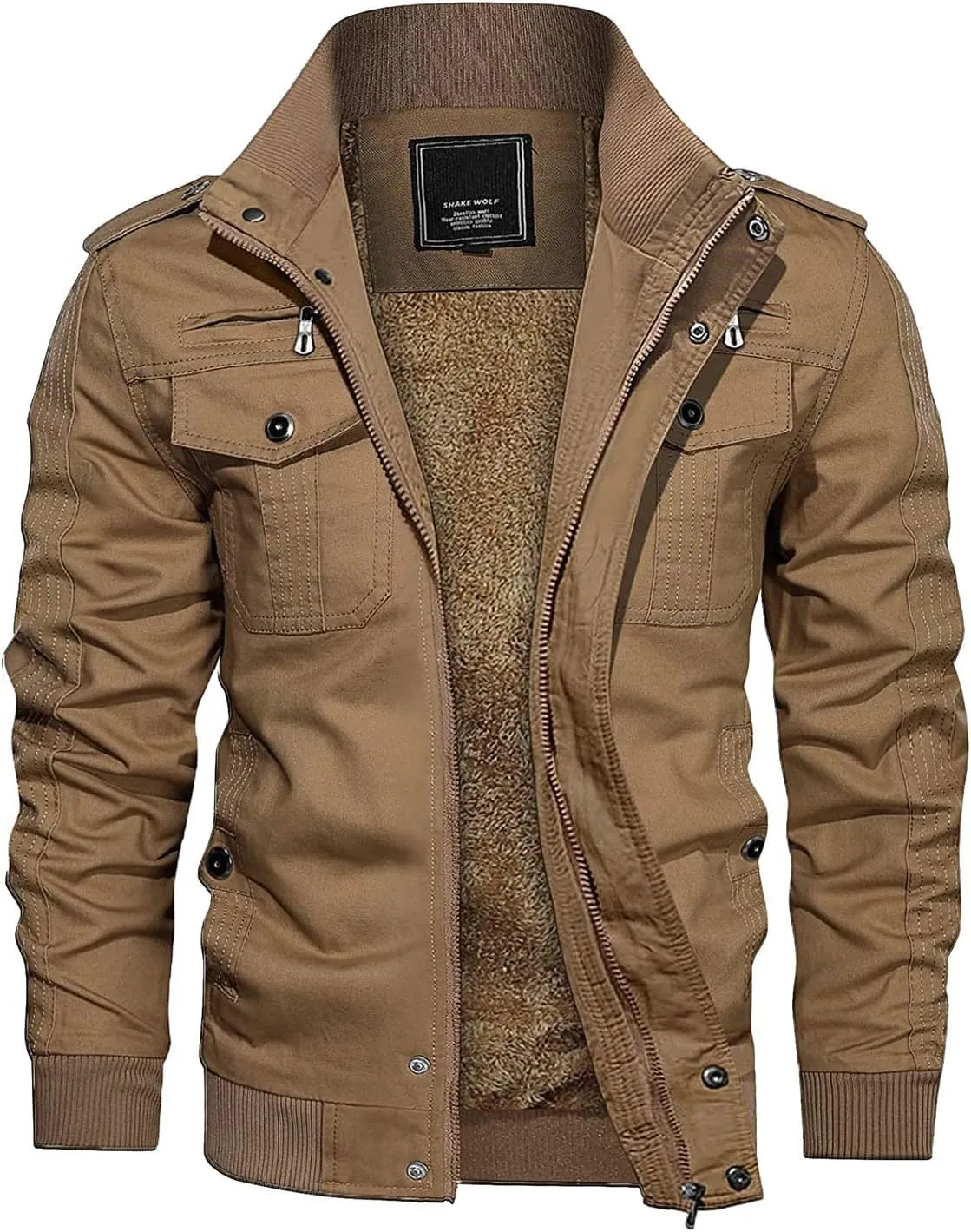 CRYSULLY Men's Winter Casual Thicken Multi Pocket Field Jacket Outwear Fleece Cargo Jackets Coat