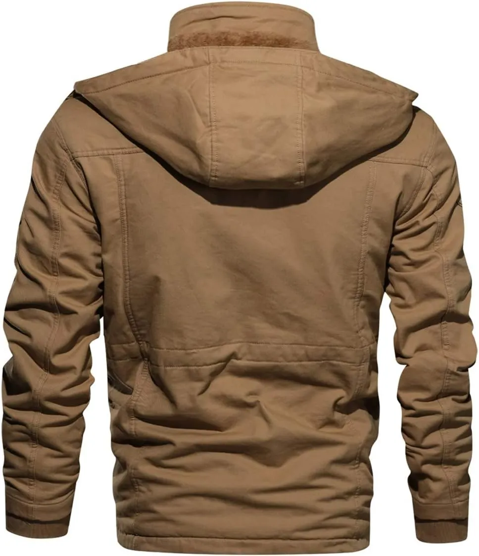 CRYSULLY Men's Winter Casual Thicken Multi-Pocket Outwear Jacket Coat With Removable Hood
