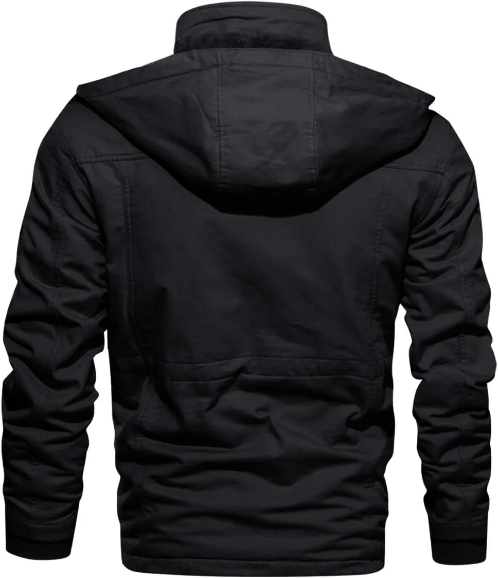 CRYSULLY Men's Winter Casual Thicken Multi-Pocket Outwear Jacket Coat With Removable Hood