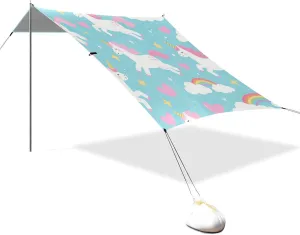 Cute Cartoon Pink Unicorns Designed UPF50 Foldable Beach Canopy Water-Resistant Portable Sunshade Includes Sand Shovel, Sandbags, Stability Poles for Camping, Picnics, Backyard & Fishing