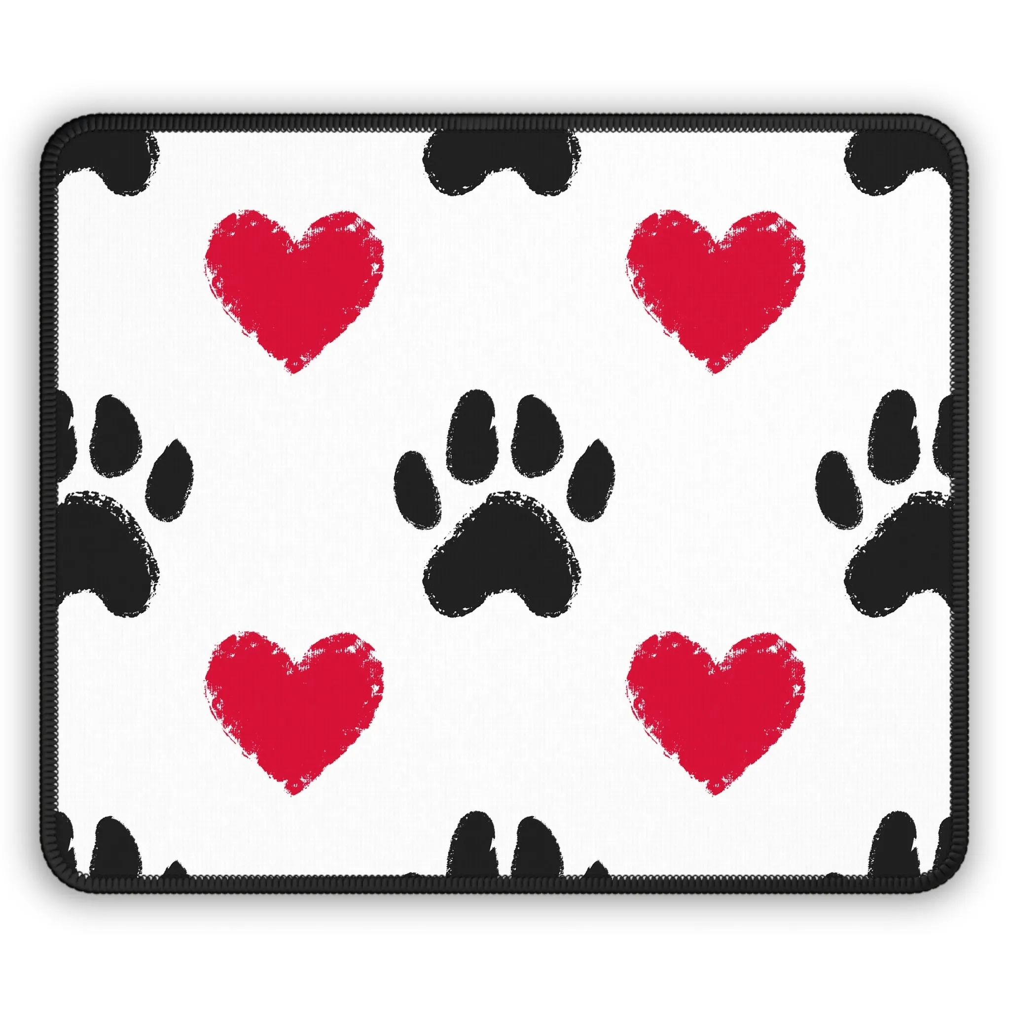 Cute Paw Print Gaming Mouse Pad - Red Hearts Design