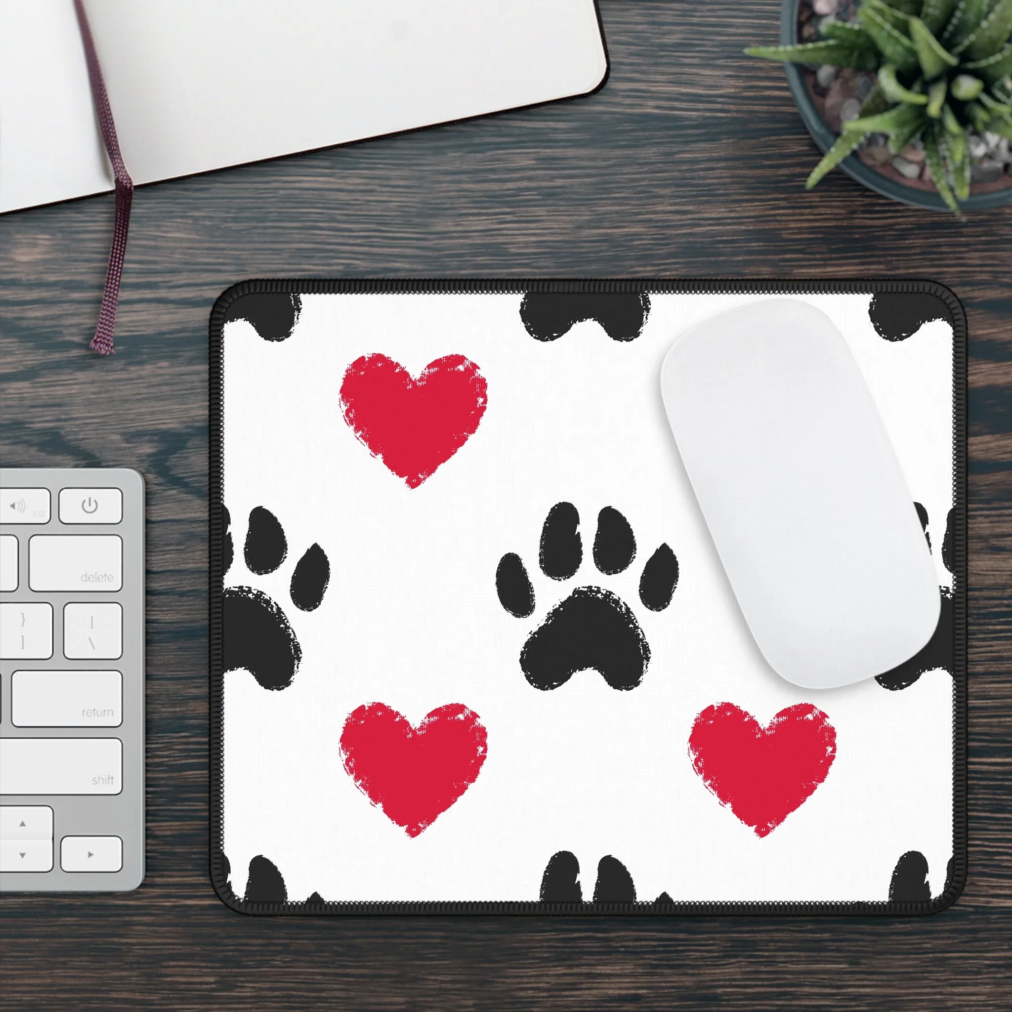 Cute Paw Print Gaming Mouse Pad - Red Hearts Design