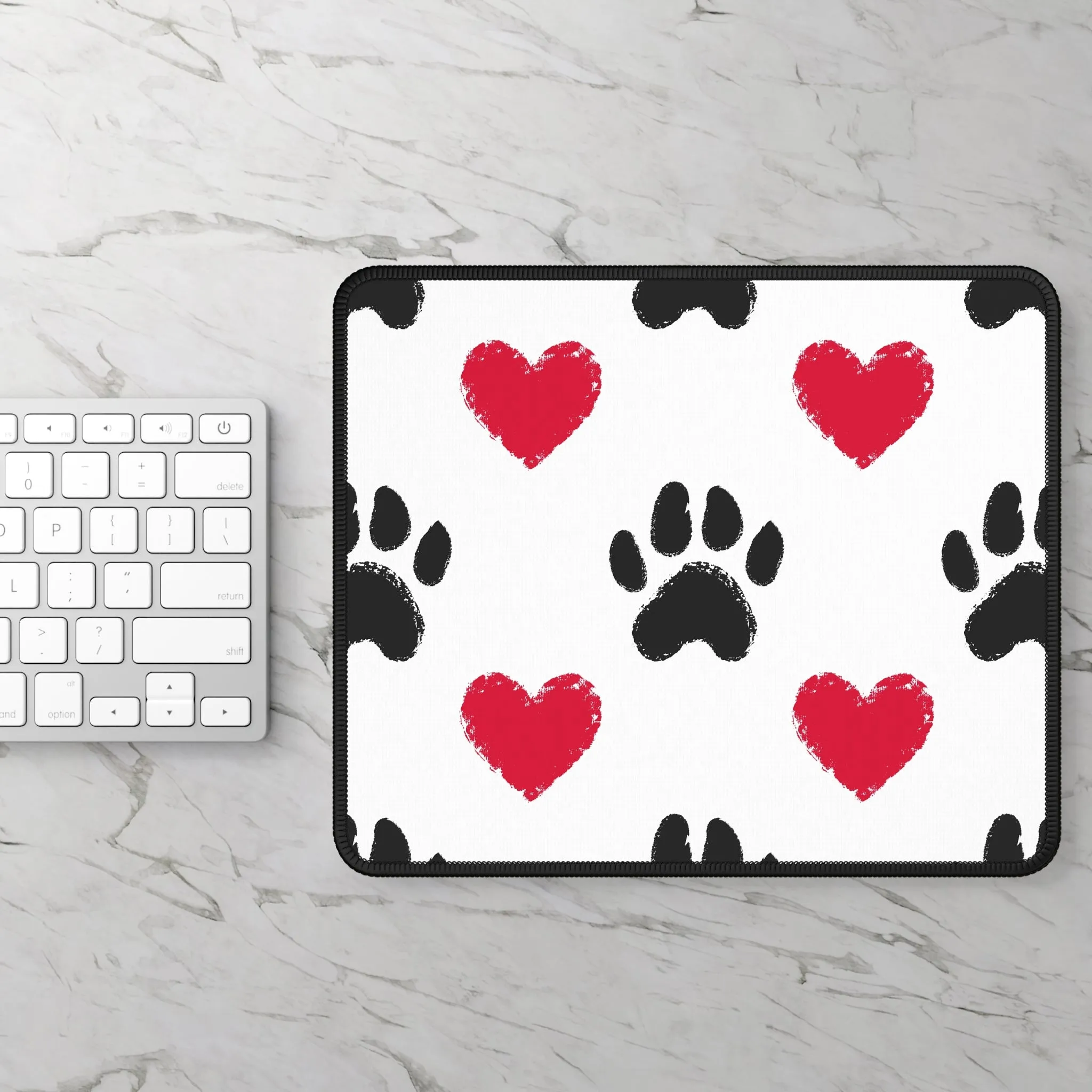 Cute Paw Print Gaming Mouse Pad - Red Hearts Design