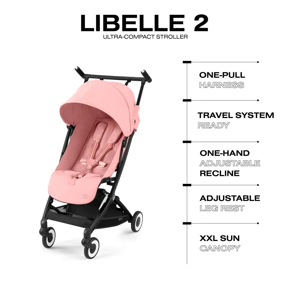 Cybex Libelle 2 Travel pockit Baby Stroller - Lightweight Carry-On Travel Stroller for Airplane with One-Hand Recline, Compatible with CYBEX Car Seats, Candy Pink
