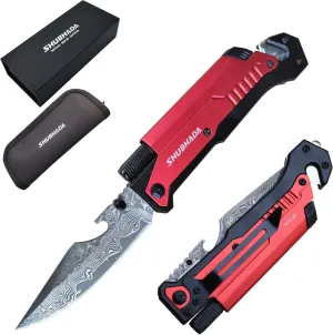 Damascus Steel Folding Pocket Knives Multi Function Emergency Tool Knives Led Light Magnesium fire starter Seatbelt cutter Glass breaker Bottle opener (Red)