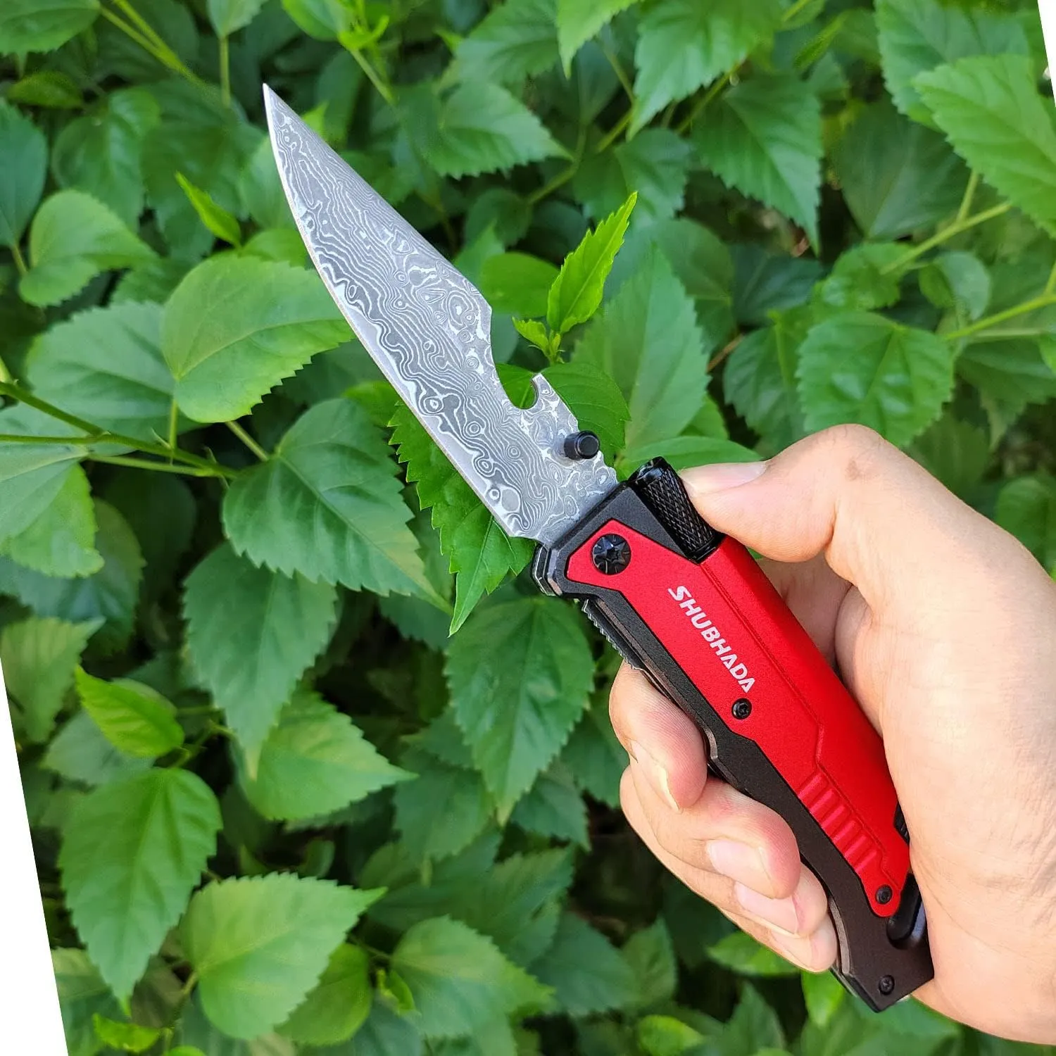 Damascus Steel Folding Pocket Knives Multi Function Emergency Tool Knives Led Light Magnesium fire starter Seatbelt cutter Glass breaker Bottle opener (Red)