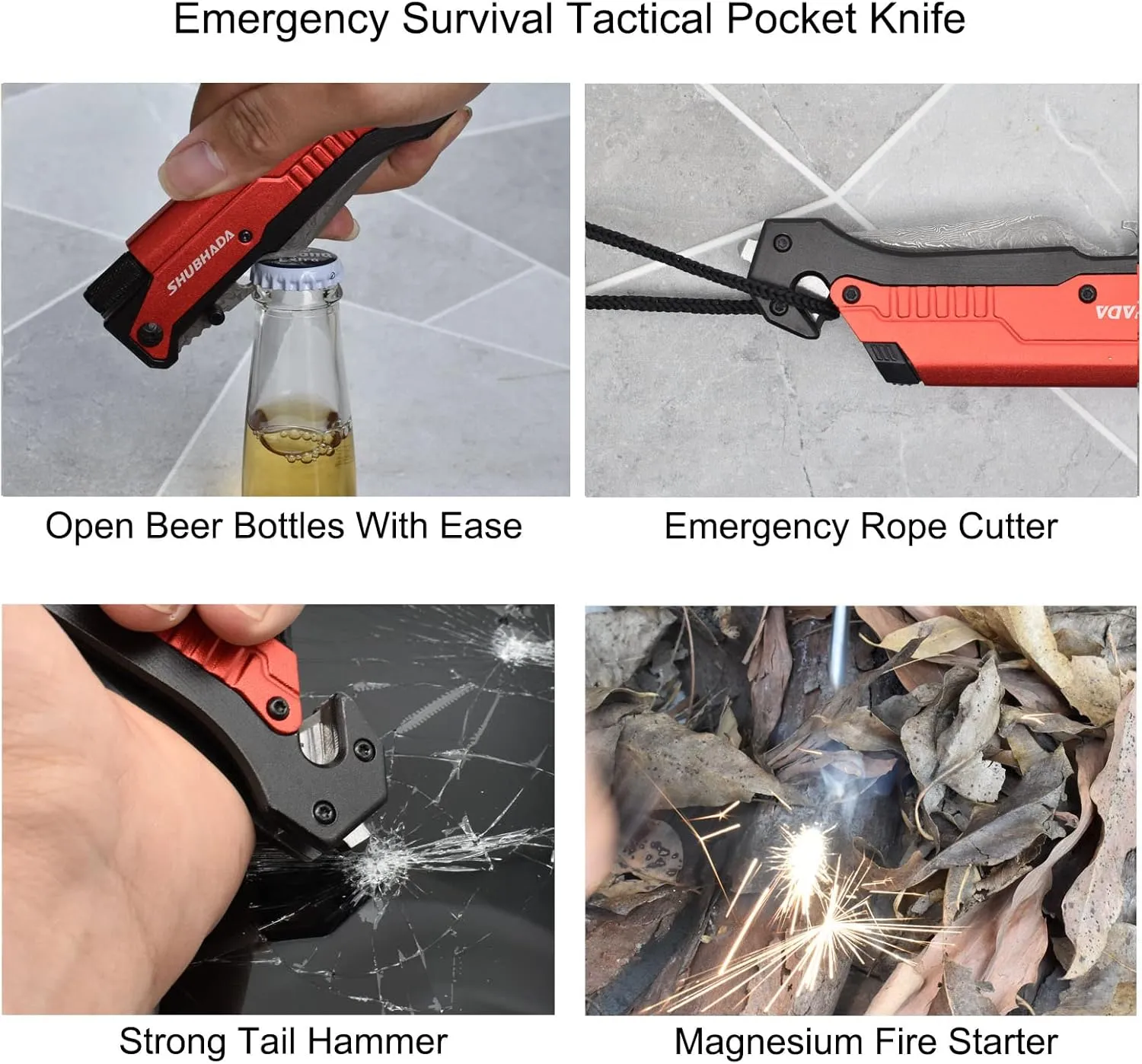 Damascus Steel Folding Pocket Knives Multi Function Emergency Tool Knives Led Light Magnesium fire starter Seatbelt cutter Glass breaker Bottle opener (Red)