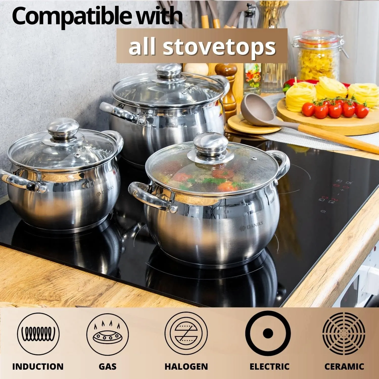 Daniks Classic 6-Piece Stainless Steel Induction Cookware Set – Dishwasher Safe Pots with Lids, Measuring Scale, Silver