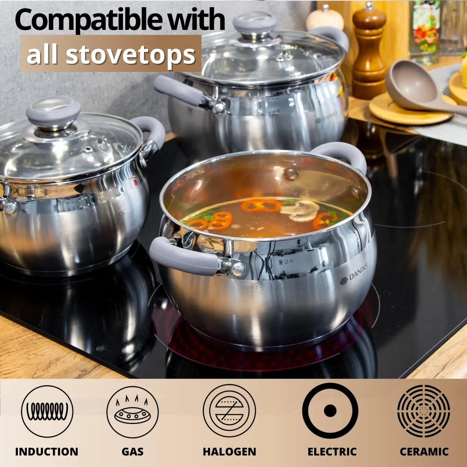 Daniks Modern 6-Piece Stainless Steel Induction Cookware Set – Dishwasher Safe Pots with Heatproof Handles, Glass Lids, Silver