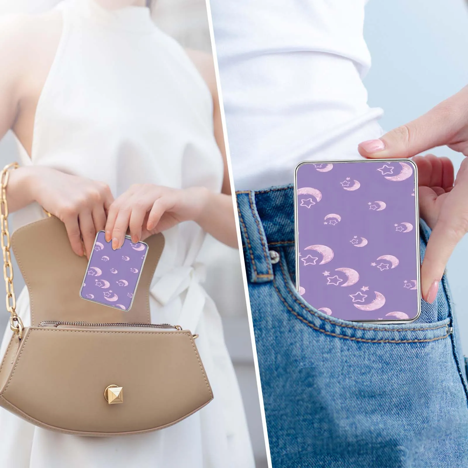 dcdcee Pocket Mirror, Small Travel Mirror with Magnification, Portable Double-Sided Magnifying Cosmetic Mirror for Daily (Purple Moon)