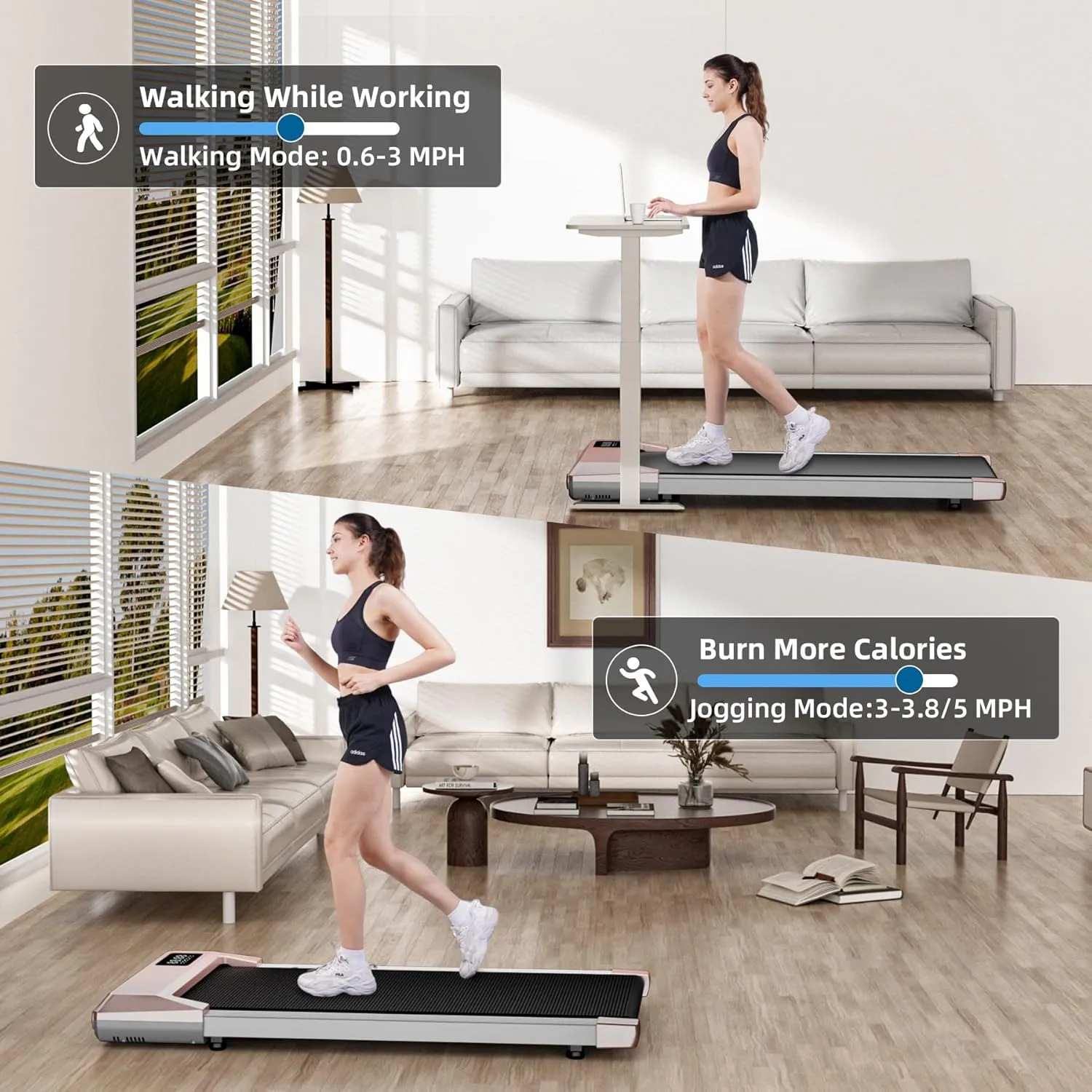 DeerRun Walking Pad, 2024 Upgrade Smart Under Desk Treadmill, 2.2HP Small Quiet Portable Treadmill, Walking Treadmill Under Desk, APP & Remote Control, Knee-Protective, No-Assembly