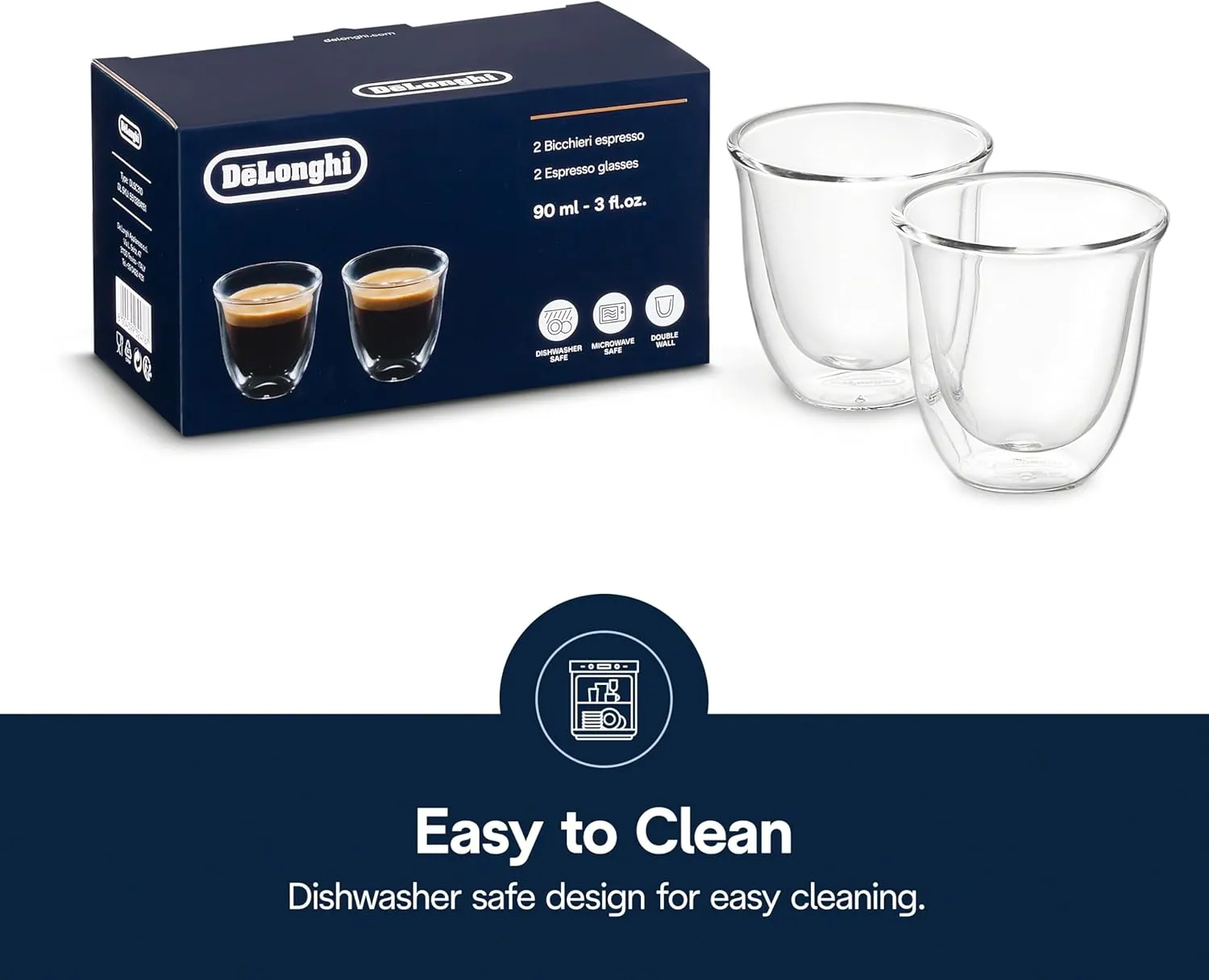 DeLonghi 3oz Espresso Double Wall Thermal Glasses, Set of 2