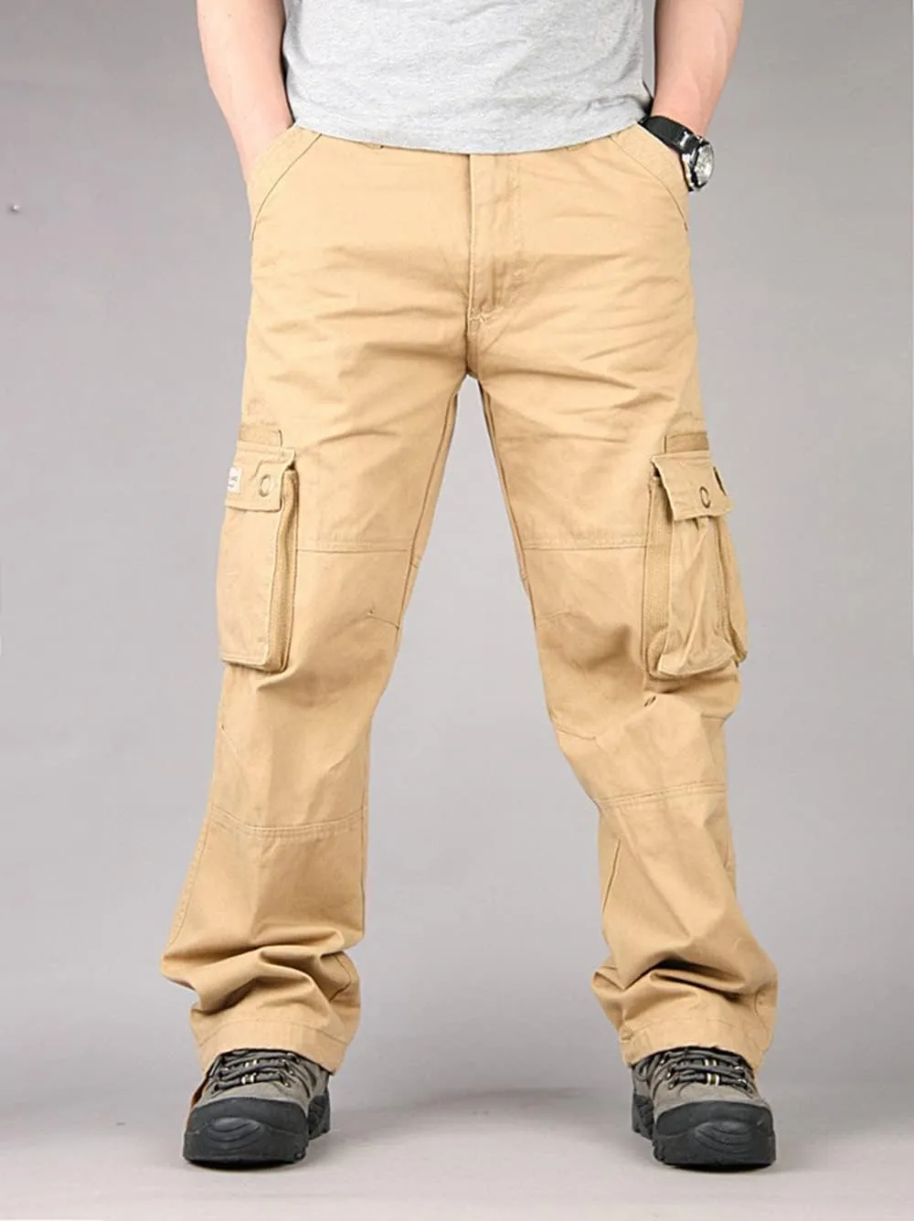 Depslee Men's Cotton Multi Pockets Ripstop Cargo Pants Loose Fit Outdoor Hiking Straight Leg Jogging Tactical Trousers