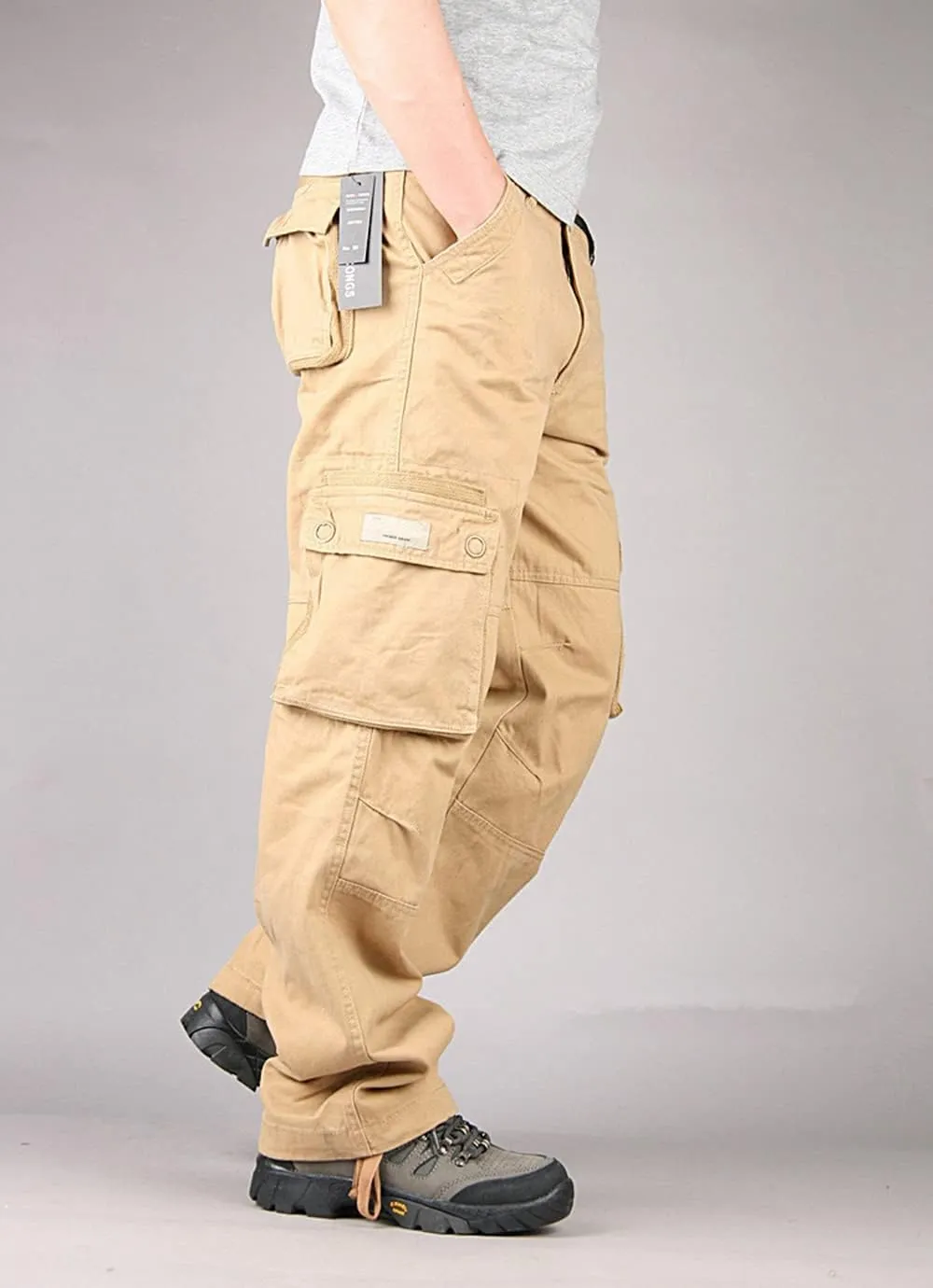 Depslee Men's Cotton Multi Pockets Ripstop Cargo Pants Loose Fit Outdoor Hiking Straight Leg Jogging Tactical Trousers