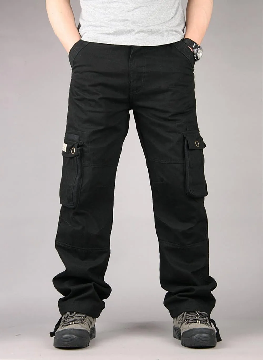 Depslee Men's Cotton Multi Pockets Ripstop Cargo Pants Loose Fit Outdoor Hiking Straight Leg Jogging Tactical Trousers