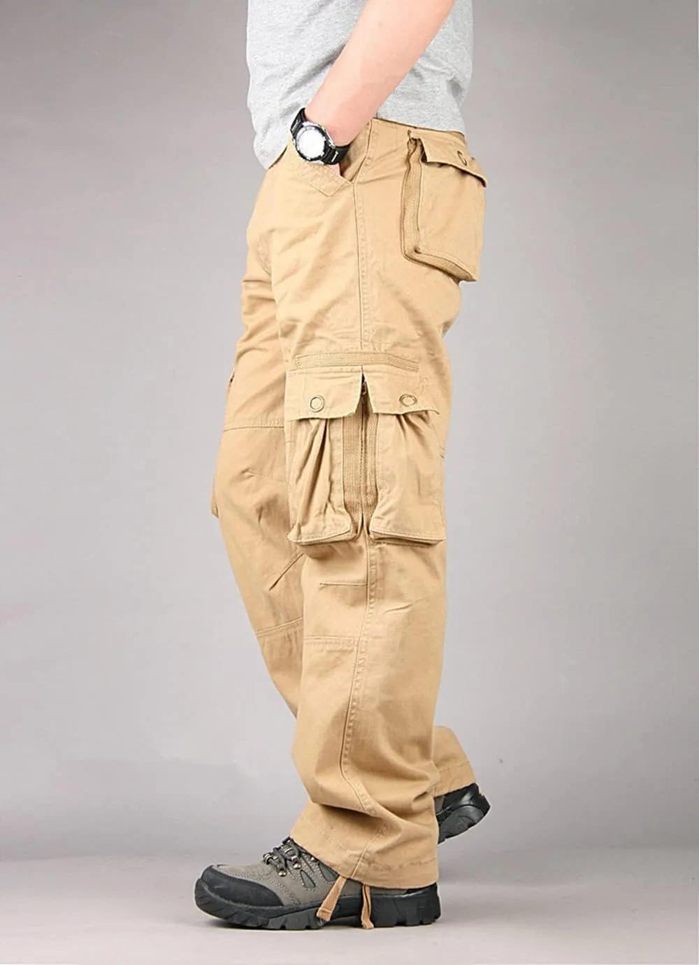 Depslee Men's Cotton Multi Pockets Ripstop Cargo Pants Loose Fit Outdoor Hiking Straight Leg Jogging Tactical Trousers