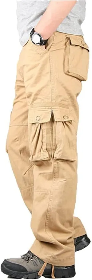 Depslee Men's Cotton Multi Pockets Ripstop Cargo Pants Loose Fit Outdoor Hiking Straight Leg Jogging Tactical Trousers