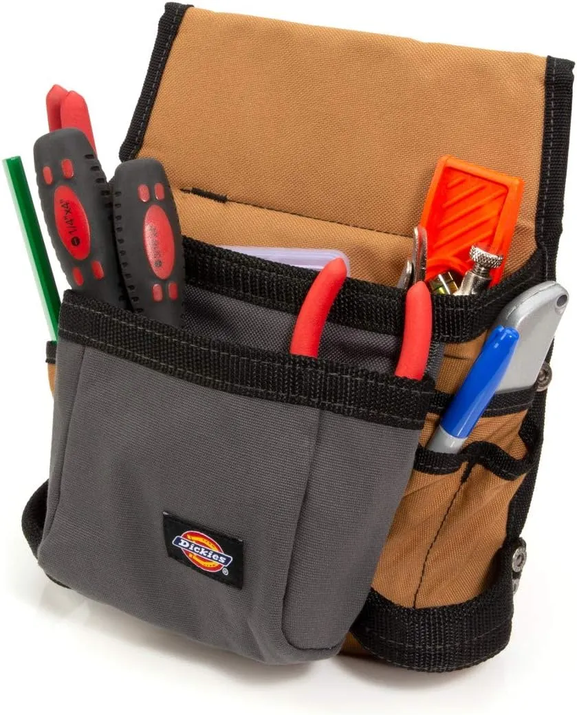 Dickies 8-Pocket Tool / Utility Storage Pouch for Tool Belt, Durable Canvas, Right and Left Hand Hammer Loops, 2-inch Loop and Snap Closed Flap for Easy Attachment, Grey/Tan