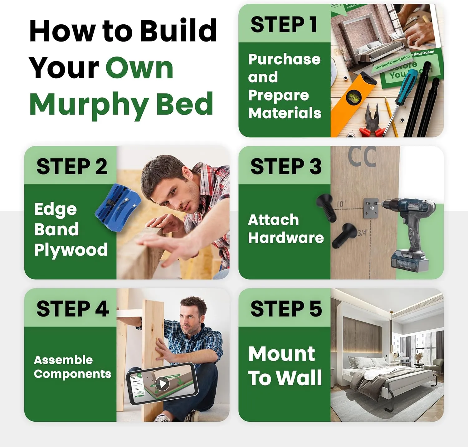 DIY Murphy Bed Kit Queen Vertical | Murphy Bed Hardware for Wall Cabinet, Vertical Queen Frame, Deluxe Mechanism Kit with Bonus Tools