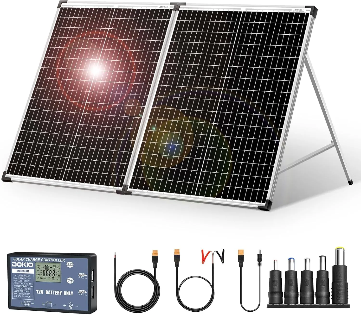 DOKIO Portable Foldable 100W 18v Solar Suitcase Monocrystalline, Folding Solar Panel Kit with Controller to Charge 12 Volts Batteries (AGM Lead/Acid Types Vented Gel) RV Camping Boat