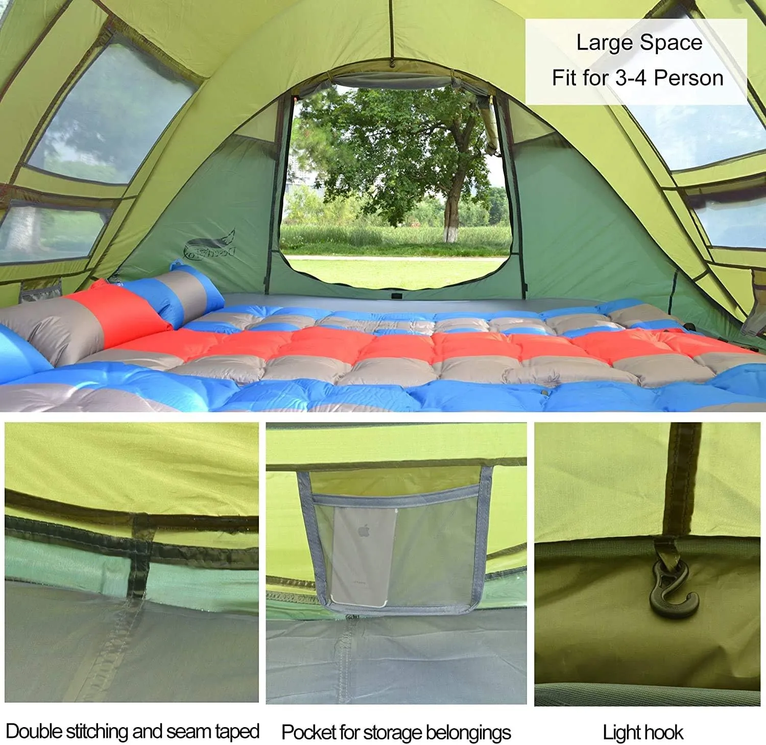 Dome Camping-Tents 3-4 Person Windproof Family Tent Portable Waterproof Tents for Camping Backpacking Hiking Outdoor Music Festivals Brown