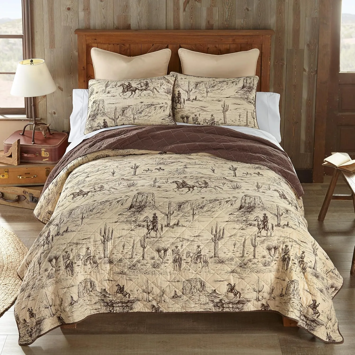 Donna Sharp Cowboy Cotton Quilted Bedding Set - 3-Piece Queen Size Quilt Set - Includes 1 Quilt and 2 Pillow Shams - Machine Washable - Perfect for Rustic Decor
