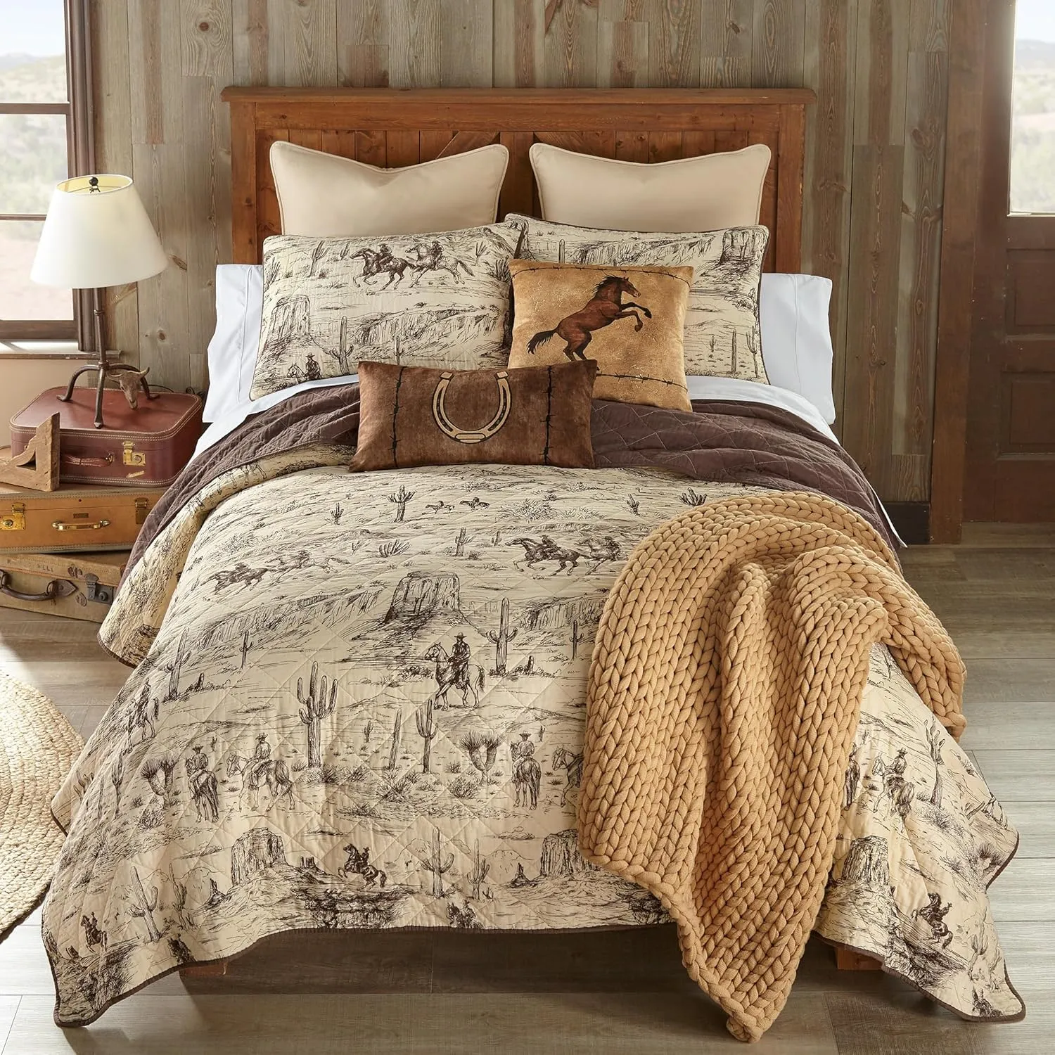 Donna Sharp Cowboy Cotton Quilted Bedding Set - 3-Piece Queen Size Quilt Set - Includes 1 Quilt and 2 Pillow Shams - Machine Washable - Perfect for Rustic Decor