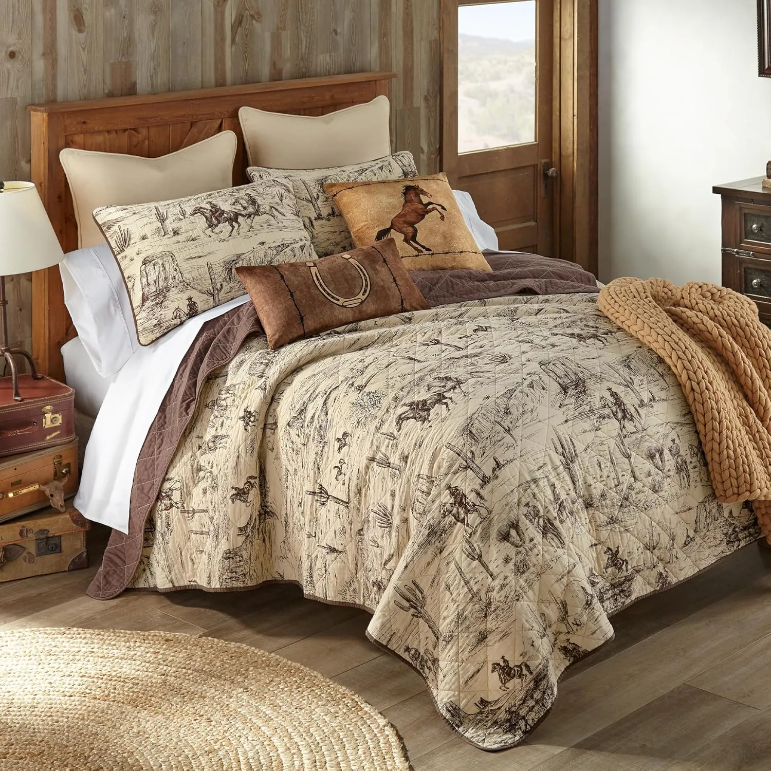 Donna Sharp Cowboy Cotton Quilted Bedding Set - 3-Piece Queen Size Quilt Set - Includes 1 Quilt and 2 Pillow Shams - Machine Washable - Perfect for Rustic Decor