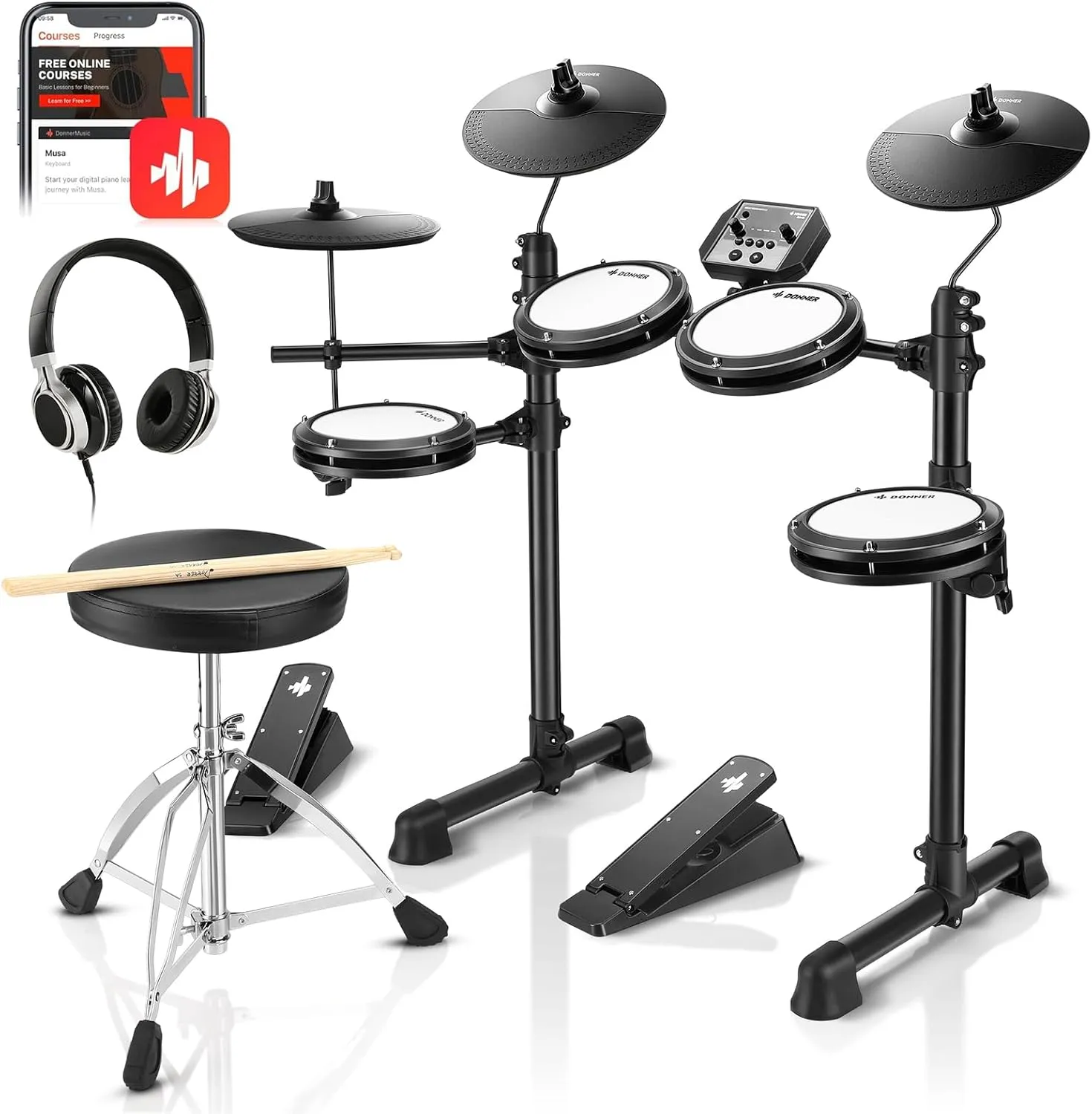 Donner DED-80 Electronic Drum Set with 4 Quiet Mesh Pads, 180  Sounds, 2 Pedals, Throne, Headphones, Sticks, and Melodics Lessons
