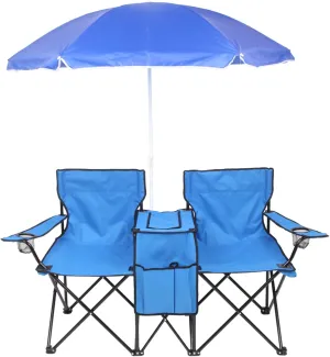 Double Folding Chair with Umbrella Double Portable Picnic Chair Folding Camping Chair W/Table Beverage Holder Carrying Bag and Cooler Bag Picnic Loveseat Chairs for Beach Patio Pool Park