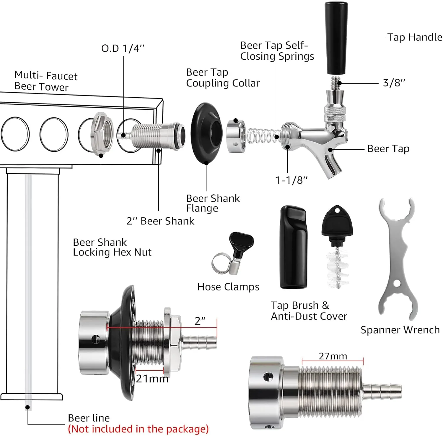 Draft Beer Shank Faucet Kit, 2'' Beer Shank No Leak 1/4'' Beer Line Nipple Barb Fitting Beer Shank Tap for Kegerator Brewing with Self-Closing Beer Tap, Stainless Steel Core for Home Beer Party