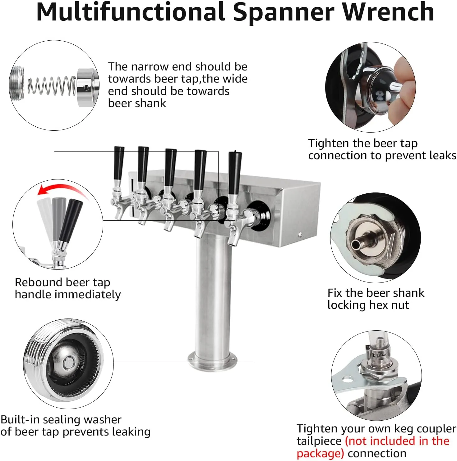 Draft Beer Shank Faucet Kit, 2'' Beer Shank No Leak 1/4'' Beer Line Nipple Barb Fitting Beer Shank Tap for Kegerator Brewing with Self-Closing Beer Tap, Stainless Steel Core for Home Beer Party