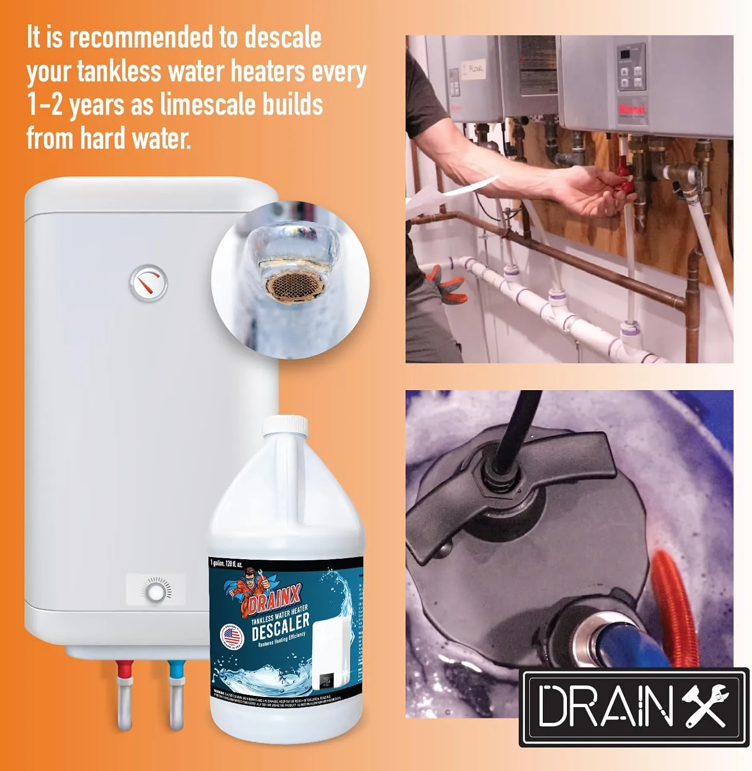DrainX Tankless Water Heater Flush Kit with Gallon of Certified Liquid Descaling Solution for 4 Uses and 1/6HP Extra Strength Pump