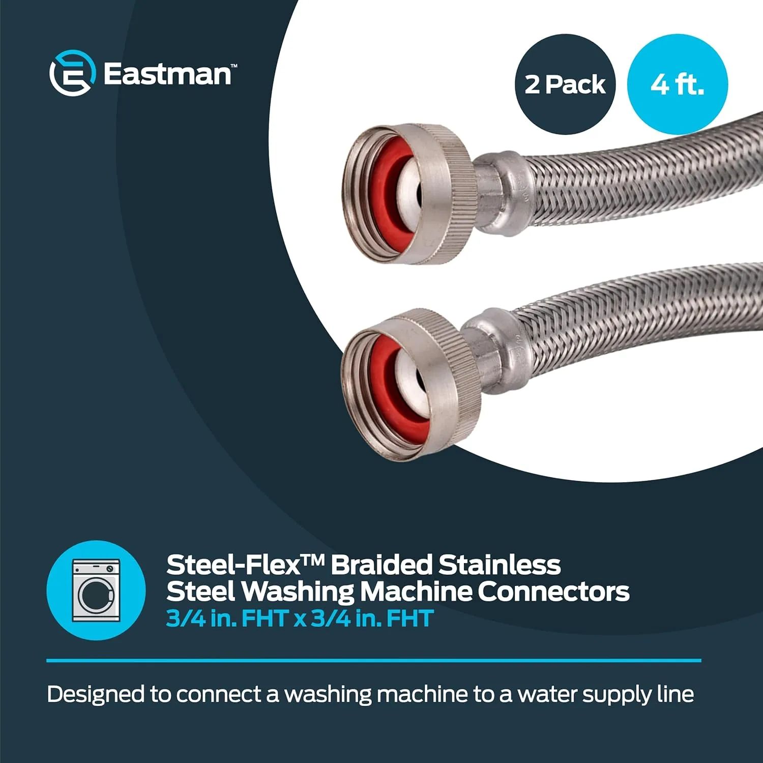 Eastman Washing Machine Connector, Pack of 2, 3/4 Inch FHT Connection, 6 Foot Braided Stainless Steel Washing Machine Hoses, 48372