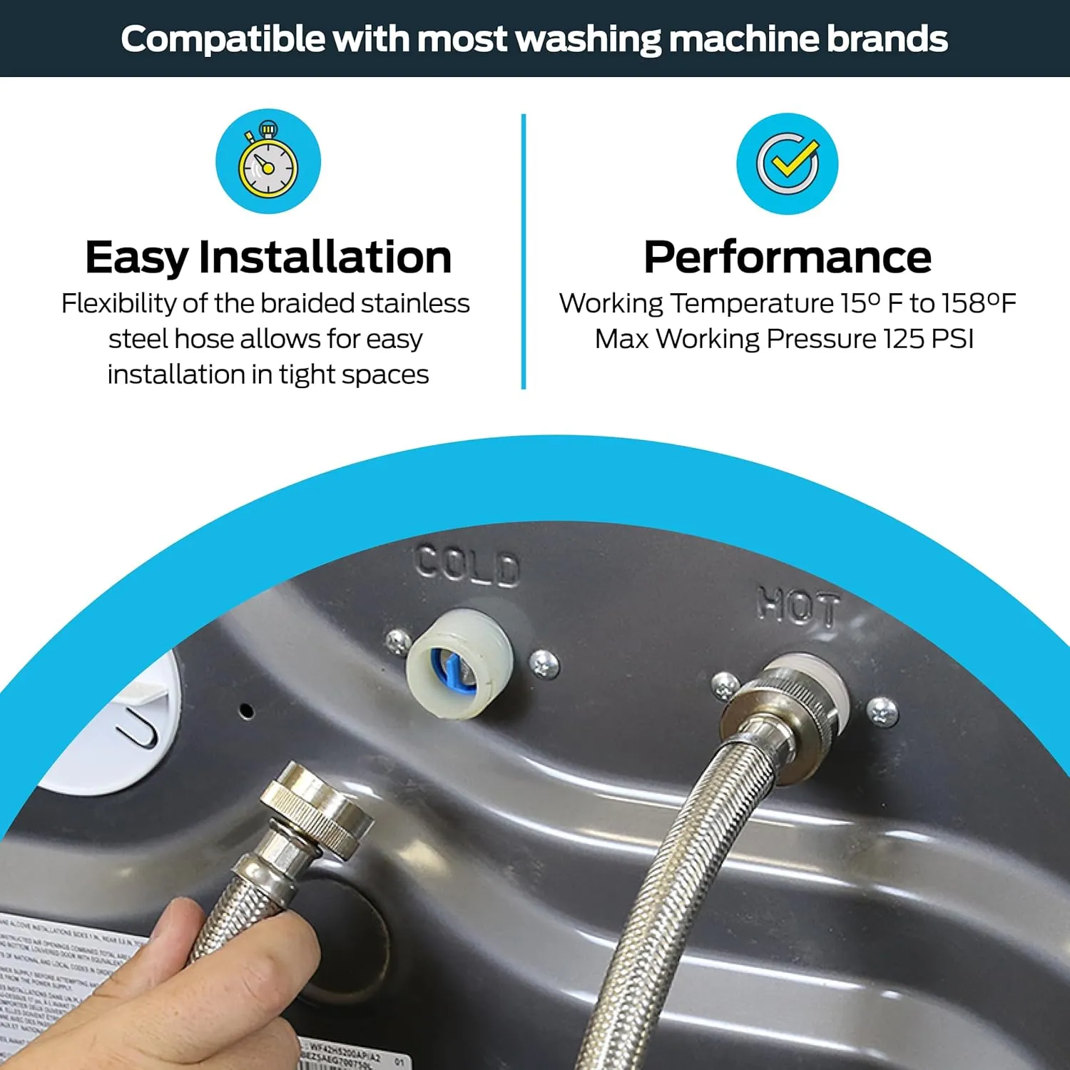 Eastman Washing Machine Connector, Pack of 2, 3/4 Inch FHT Connection, 6 Foot Braided Stainless Steel Washing Machine Hoses, 48372
