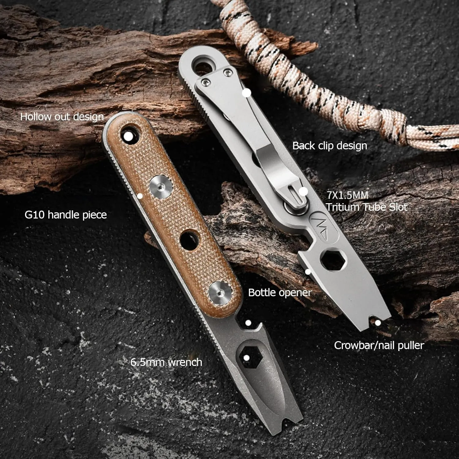 EDC Pry Bar Multi Tool Titanium with Pocket Clip Multi Functions Bottle Opener Hex Wrench G10 Handle 4.72“