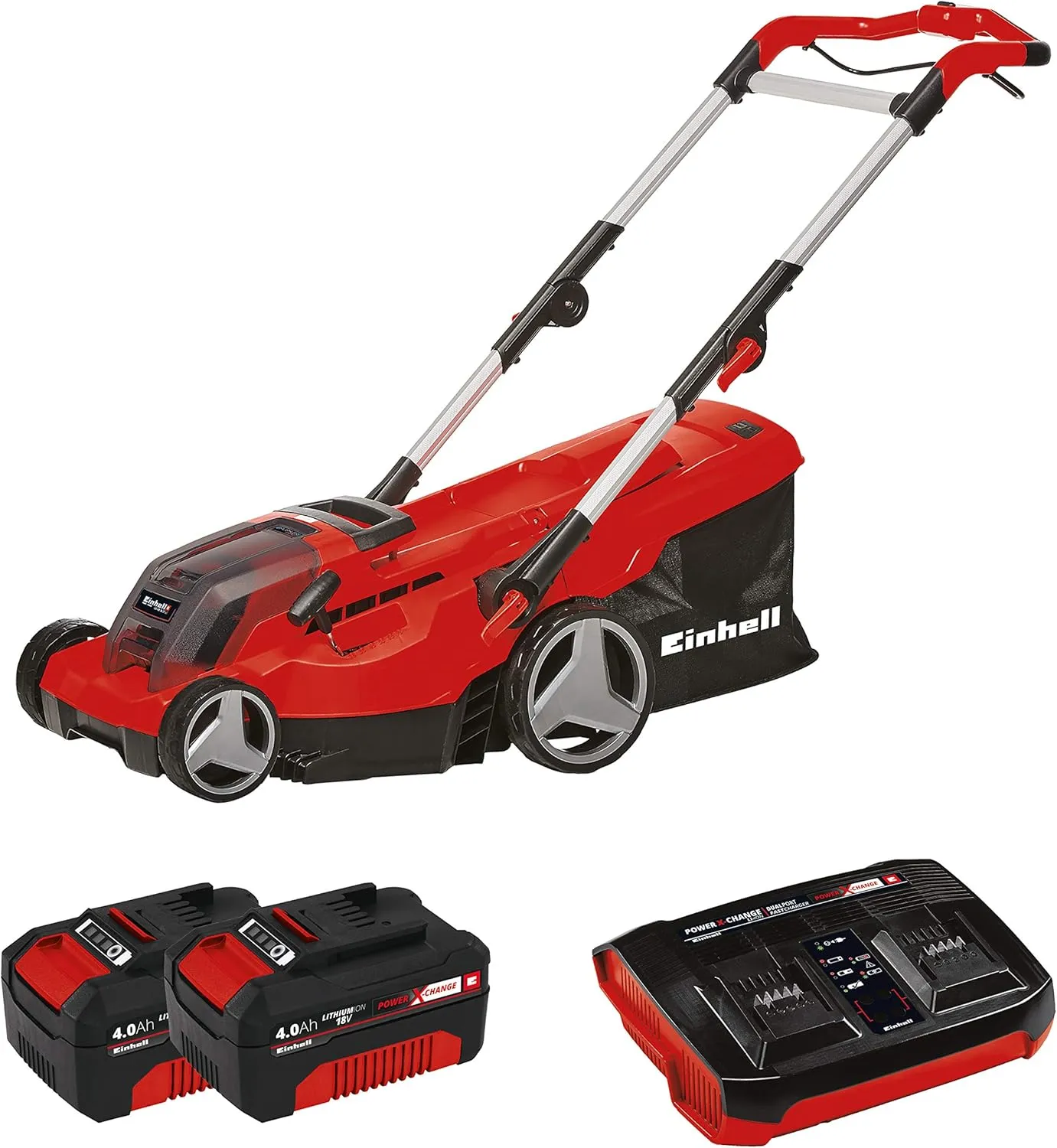 Einhell GE-CM 36-Volt Cordless 15-In Walk Behind Push Lawn Mower w/ 6-Position Height Adjustment, Adjustable Handle, 11.9 Gal Capactiy Collection Bag, Kit (w/2x 4.0-Ah Battery   Dualport Fast Charger)