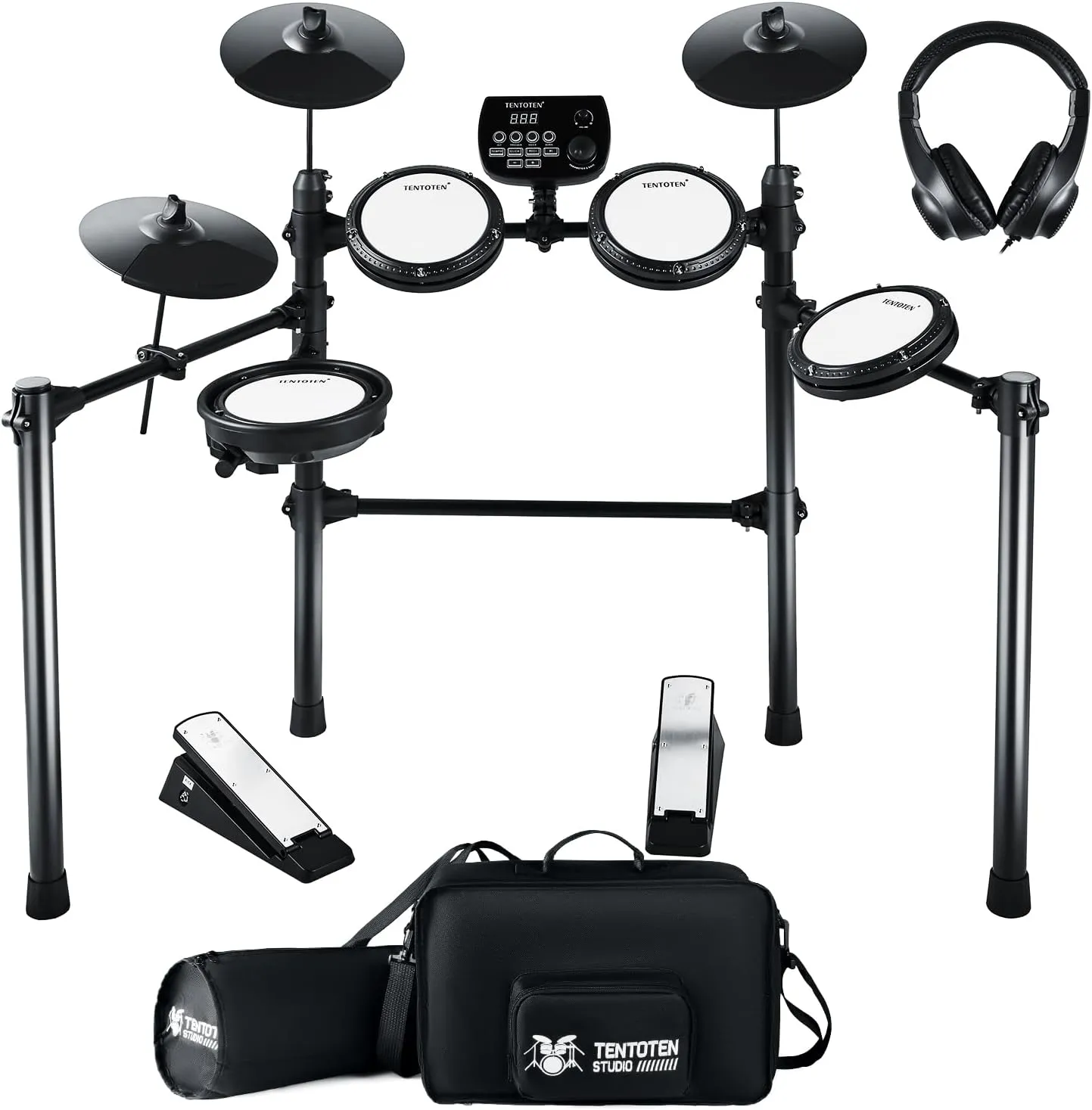 Electric Drum Set, Electric Drum Set Adult Full Size with 4 Quiet Mesh Drum Pads, Cymbals, Headphones, 2 Pedals, 195 Sounds & 15 Kits Electronic Drum Set for Beginner TOT-650