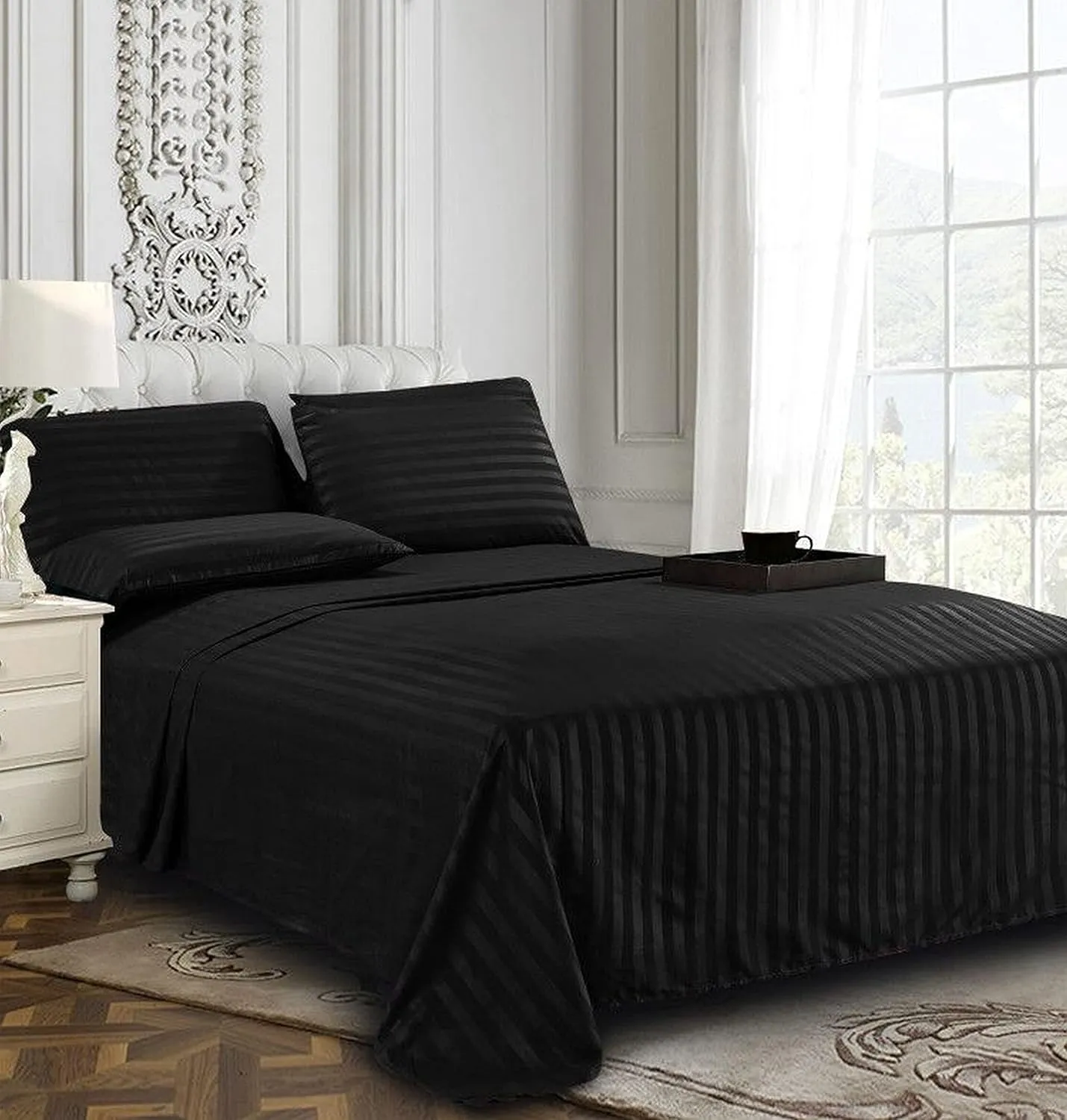 Elegant Comfort Best, Softest, Coziest 6-Piece Sheet Sets! - 1500 Premier Hotel Quality Luxurious Wrinkle Resistant 6-Piece Damask Stripe Bed Sheet Set, California King Black